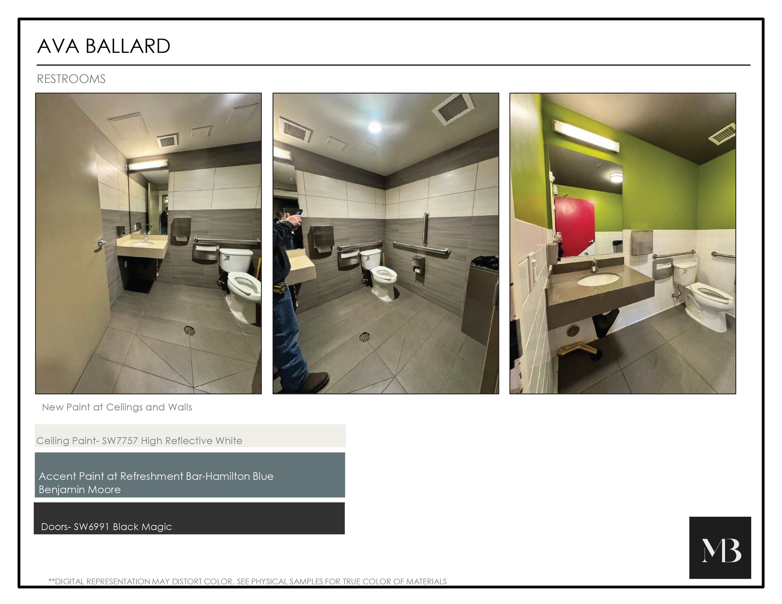 Three photos of a public restroom with different wall and ceiling colors.