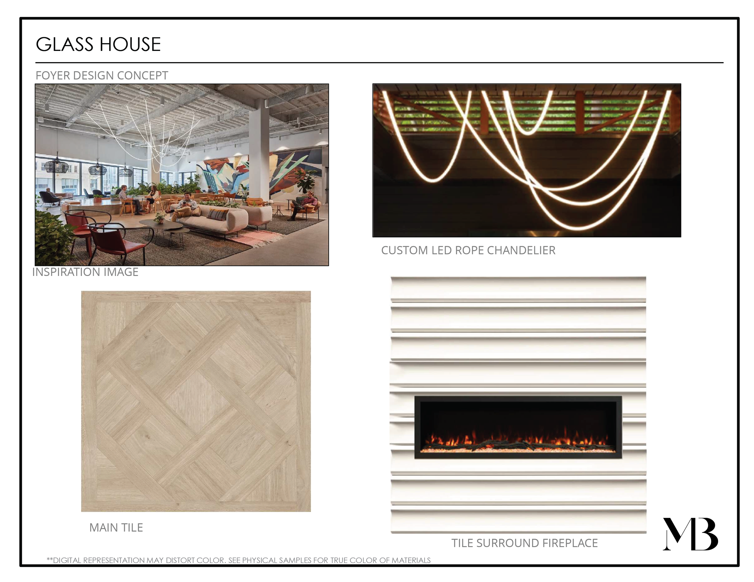 Design concept for a glass house interior featuring a lounge area with modern furniture and artwork, a custom LED rope chandelier, a sample of main wood tile flooring, and a wall with horizontal tile surround fireplace.