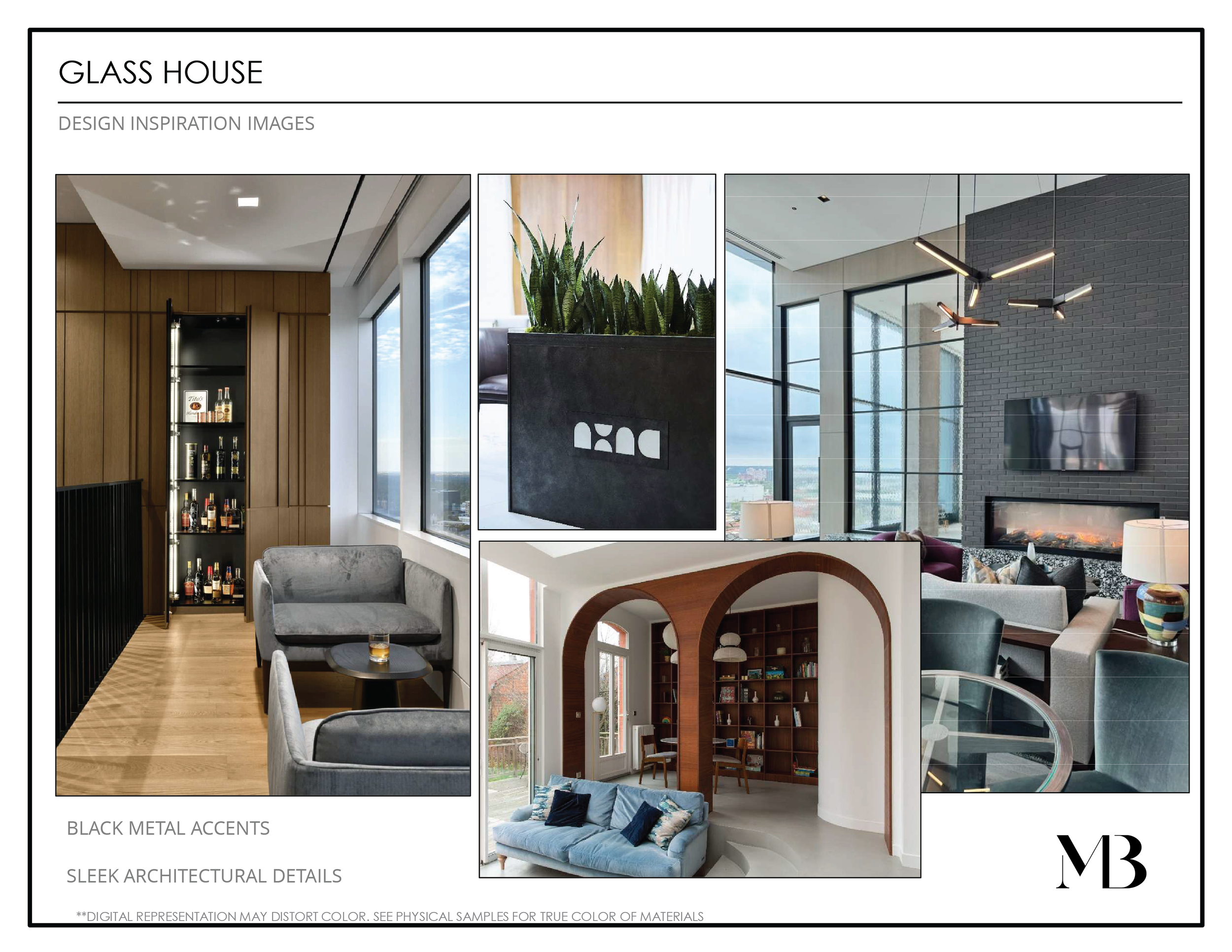 Collage of modern interior design images featuring wooden panel walls, a black metal shelving unit with liquor bottles, a gray velvet sofa and armchair, a black plant pot with green plants, a large window with views of the city, a black brick wall with a mounted television above a fireplace, an arched wooden bookshelf nook with a blue sofa, and a sleek lighting fixture with branches.