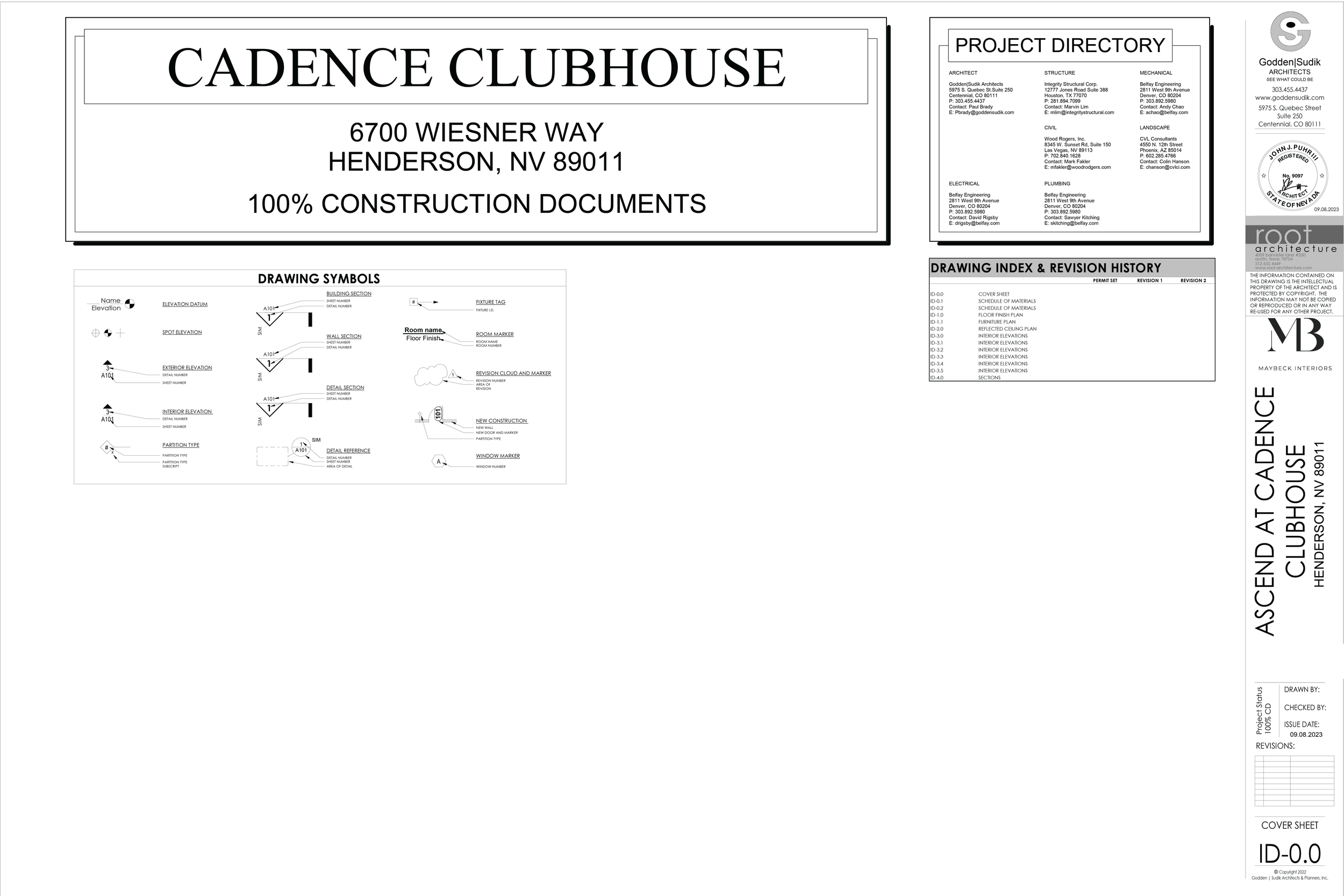 Construction plan for Cadence Clubhouse at 6700 Wiesner Way, Henderson, NV 89011, showing project details and design symbols.
