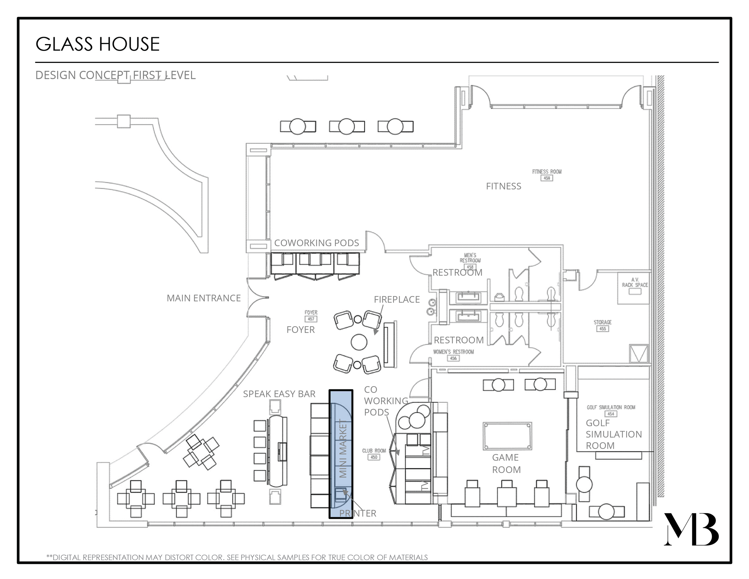 Architectural floor plan of a glass house showing a fitness room, coworking pods, main entrance, foyer, fireplace, restrooms, game room, golf simulation room, and other areas.