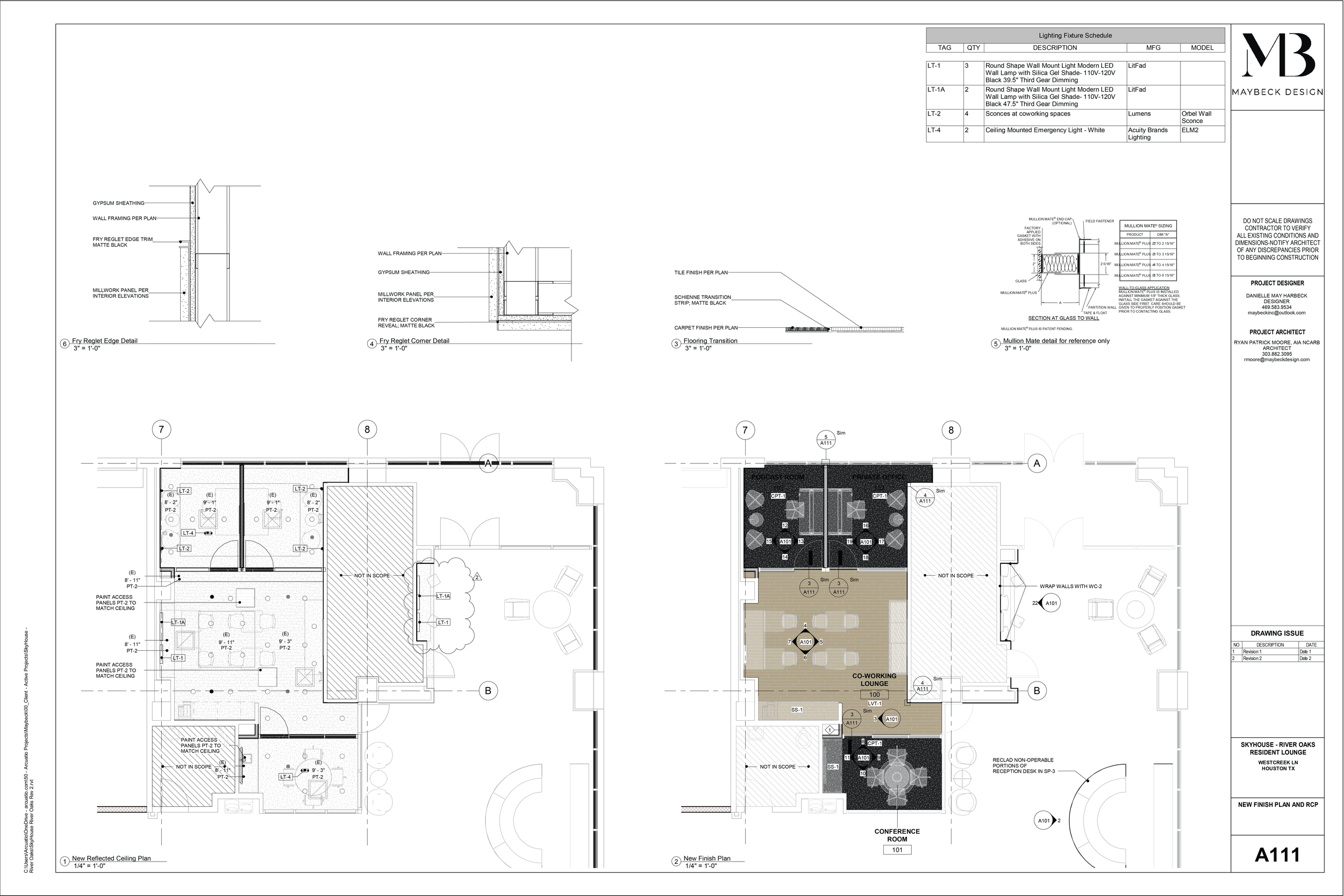 Architectural blueprint showing lighting fixtures, ceiling details, floor plans, and room layouts for a design project by Maybeck Design, including a co-working lounge, conference room, and private offices.