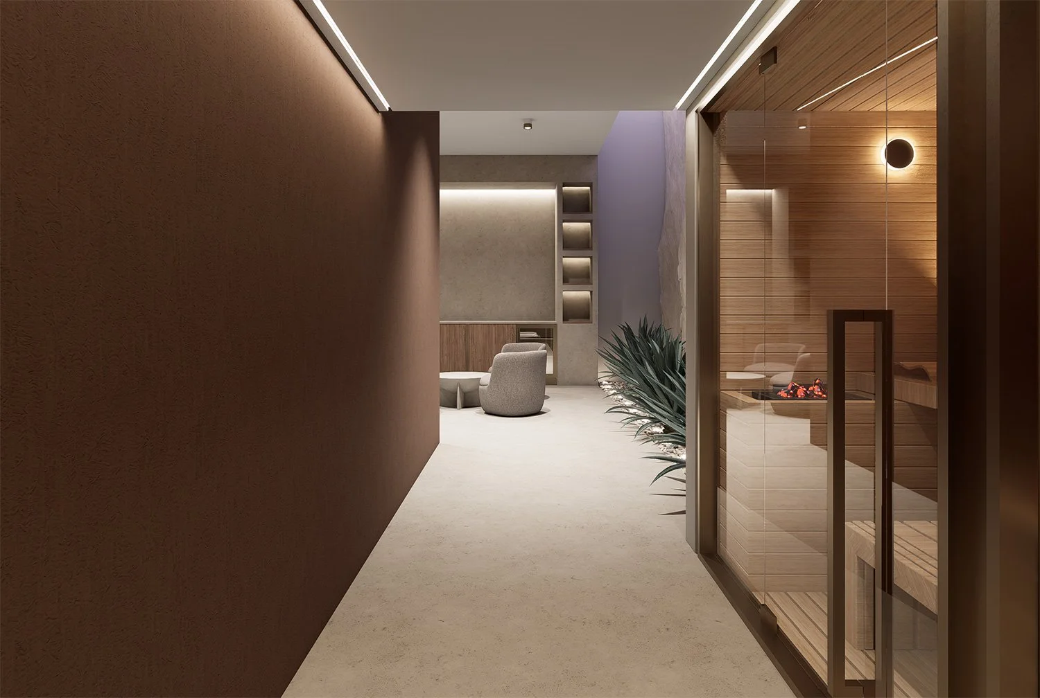 Modern interior space with a wooden sauna room, seating area with curved chairs, and a minimalistic design.