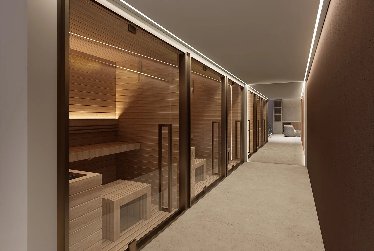 Modern interior hallway with glass enclosure and wooden sauna inside, soft lighting, and minimalistic decor