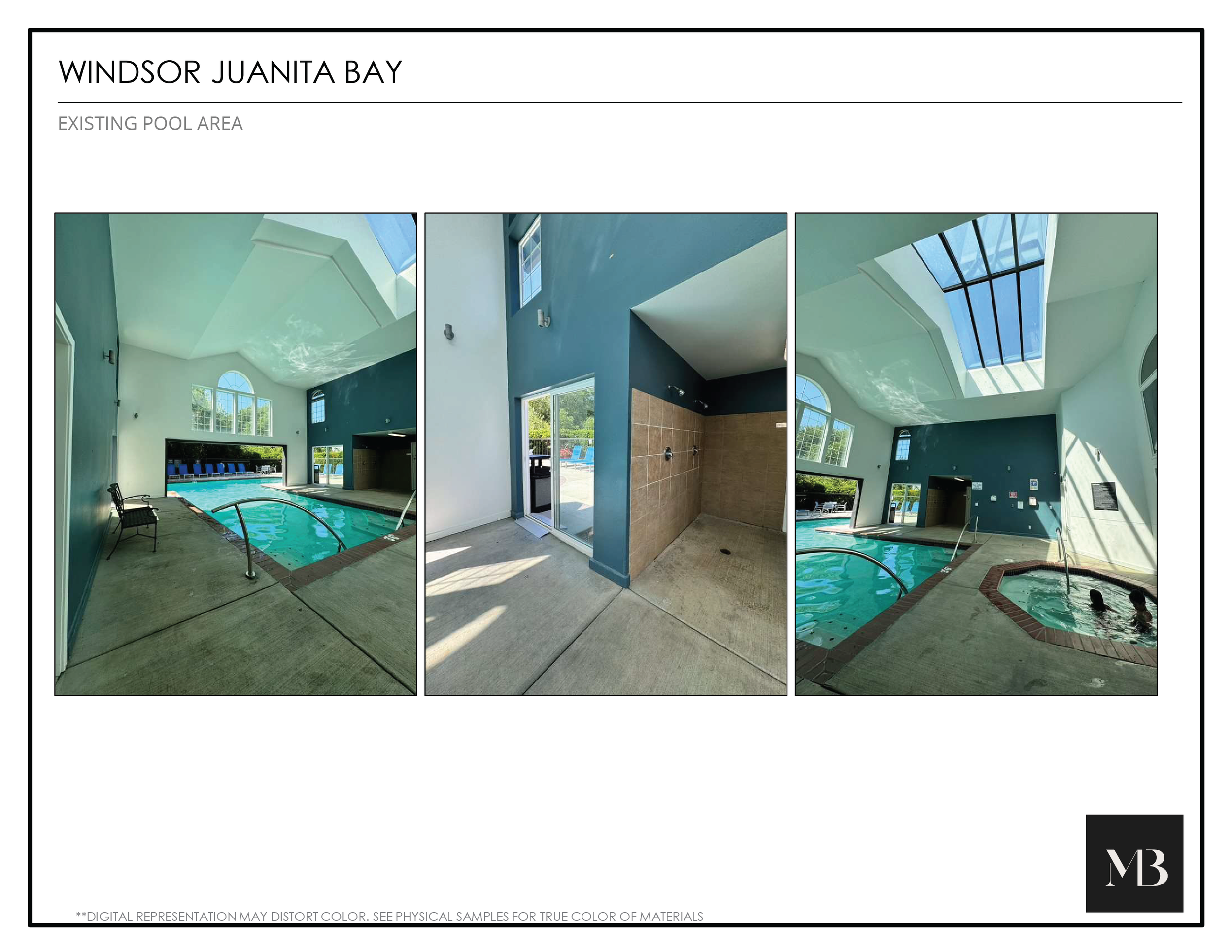 Three photos of an indoor pool area with large windows and skylights, including an indoor hot tub, and a shower area with beige tile.