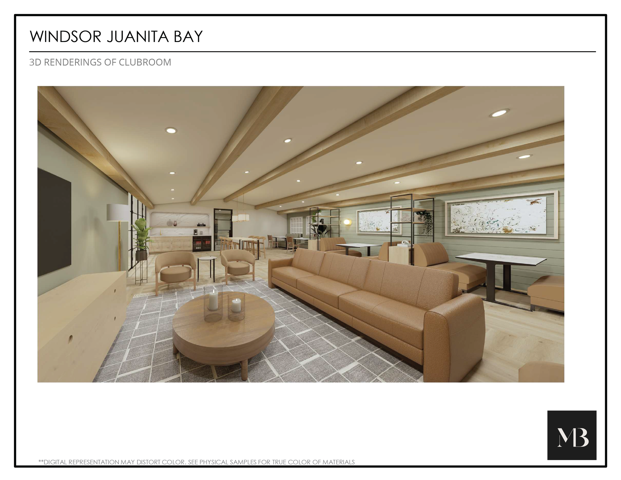 3D rendering of a modern lounge room with a leather sofa, armchairs, round coffee table with candles, large windows, and wooden ceiling beams.