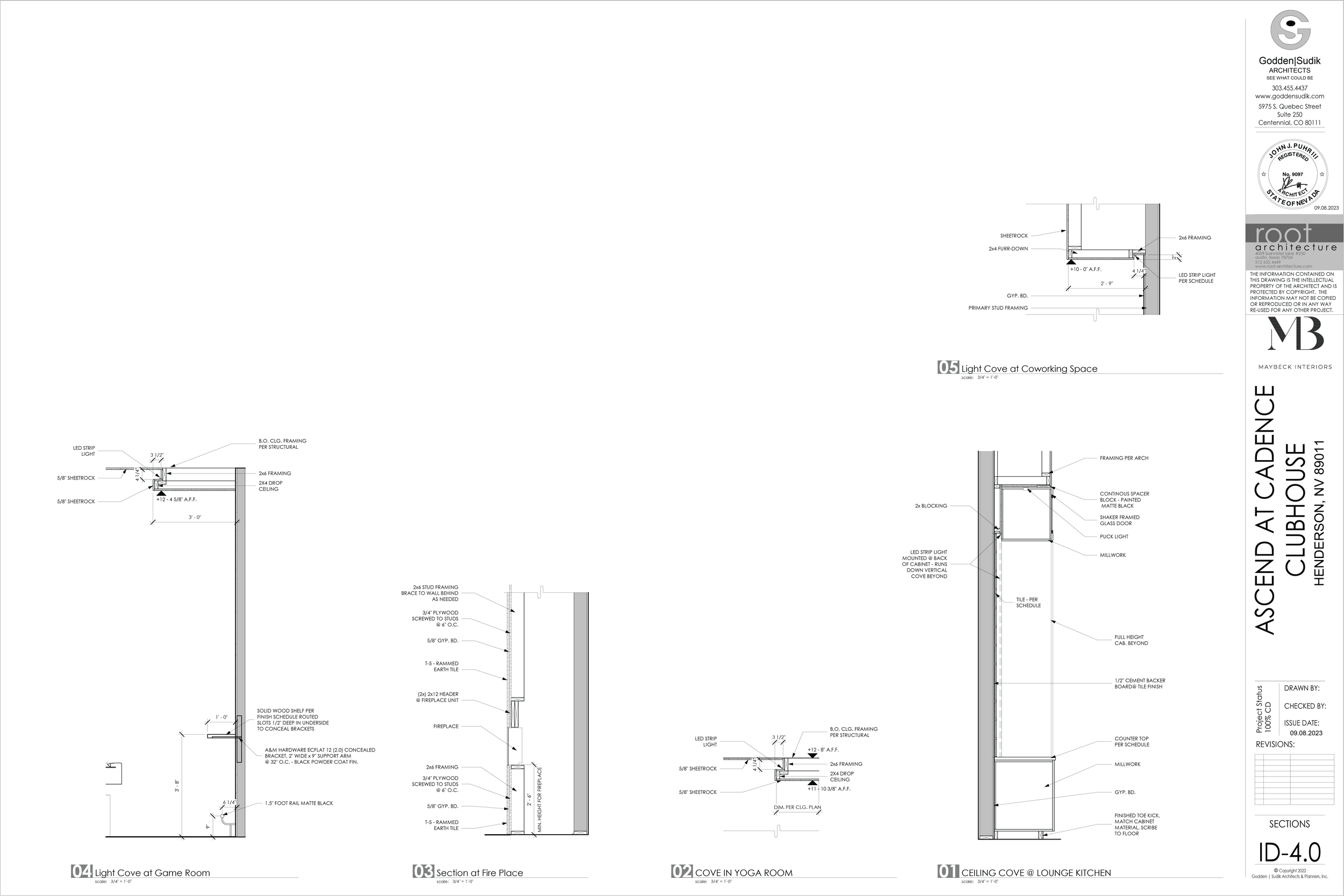 Architectural blueprint drawings of a club house focused on the cove and light cove at different rooms, including details of wall framing, lighting, and shelving.