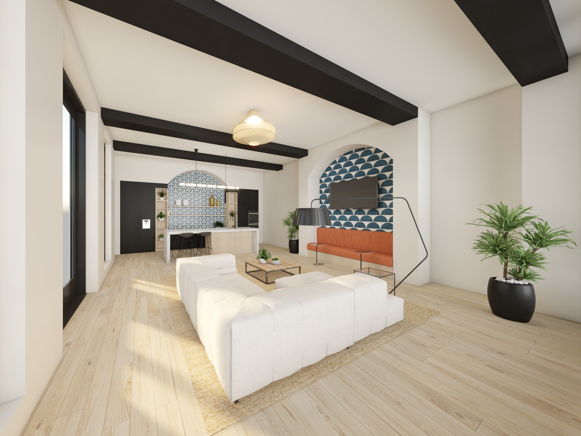 Modern living room with white sectional sofa, orange bench, black floor lamp, large potted plants, and patterned blue and white wall decor.