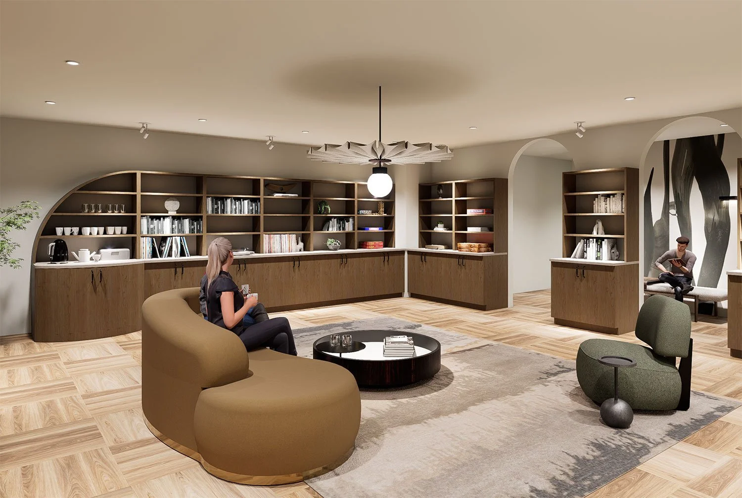 Modern living room with wooden shelves, a coffee table, and seating for three people, including a woman sitting on a curved beige couch and a man sitting on a green lounge chair reading a book.
