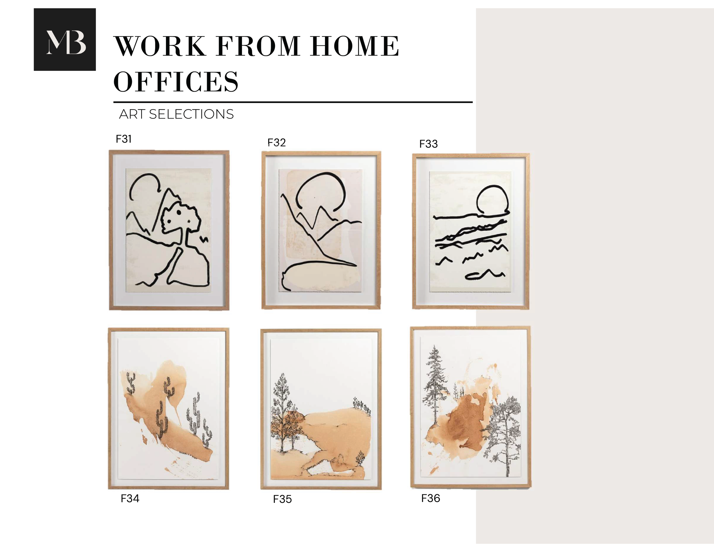 A display of six framed art prints on a wall titled 'Work From Home Offices Art Selections.' The top row features three minimalist line drawings of nature scenes, labeled F31, F32, and F33. The bottom row displays three landscape paintings with earthy tones and trees, labeled F34, F35, and F36.