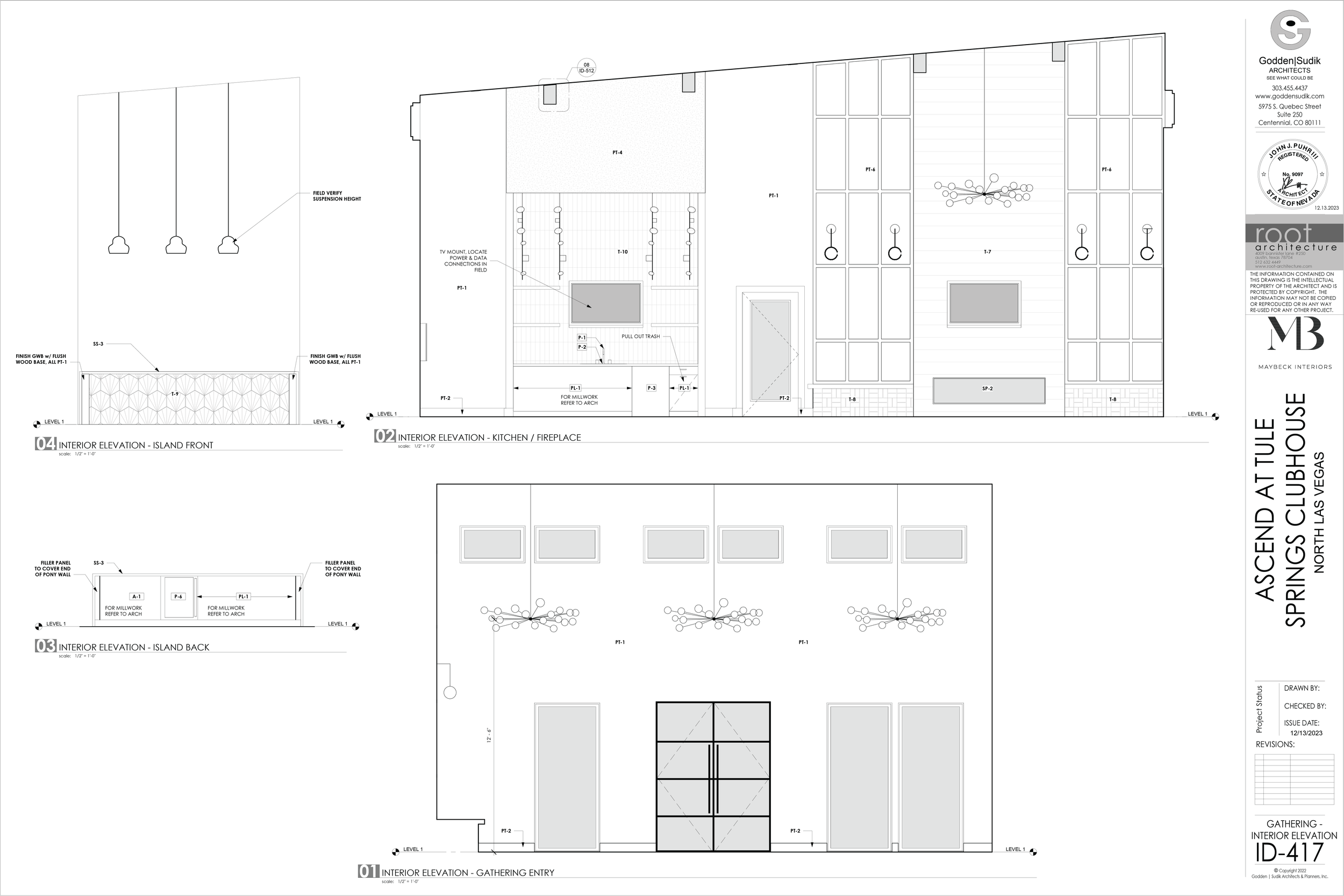 Architectural blueprints of Ascend Attile Springs Clubhouse in North Las Vegas, including interior elevations for island front, kitchen fireplace, island back, and gathering entry, with details on finishes, lighting, and structural elements.