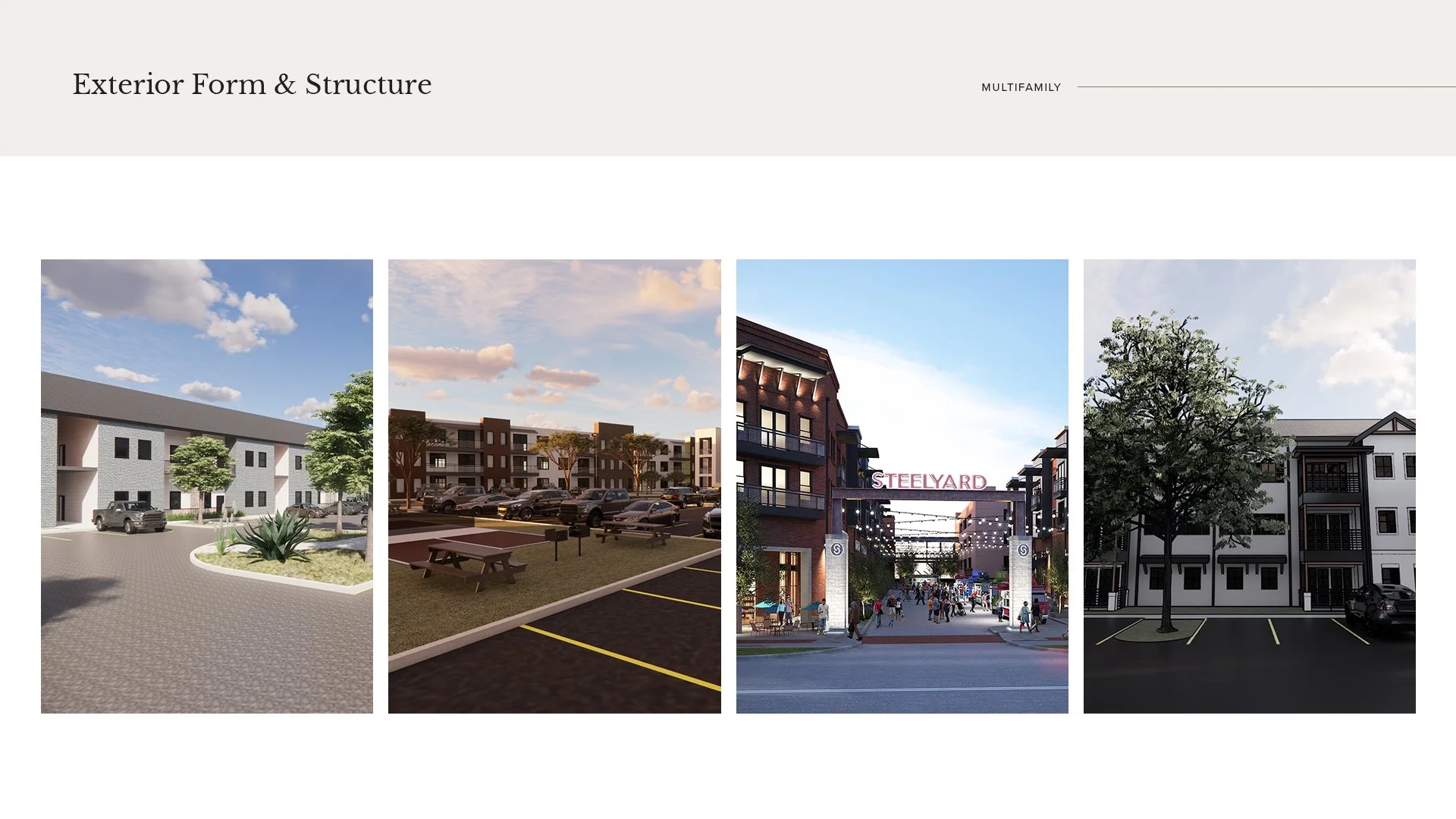 Renderings of different exterior views of a mixed-use residential and commercial development, including parking areas, street scenes, and building facades.