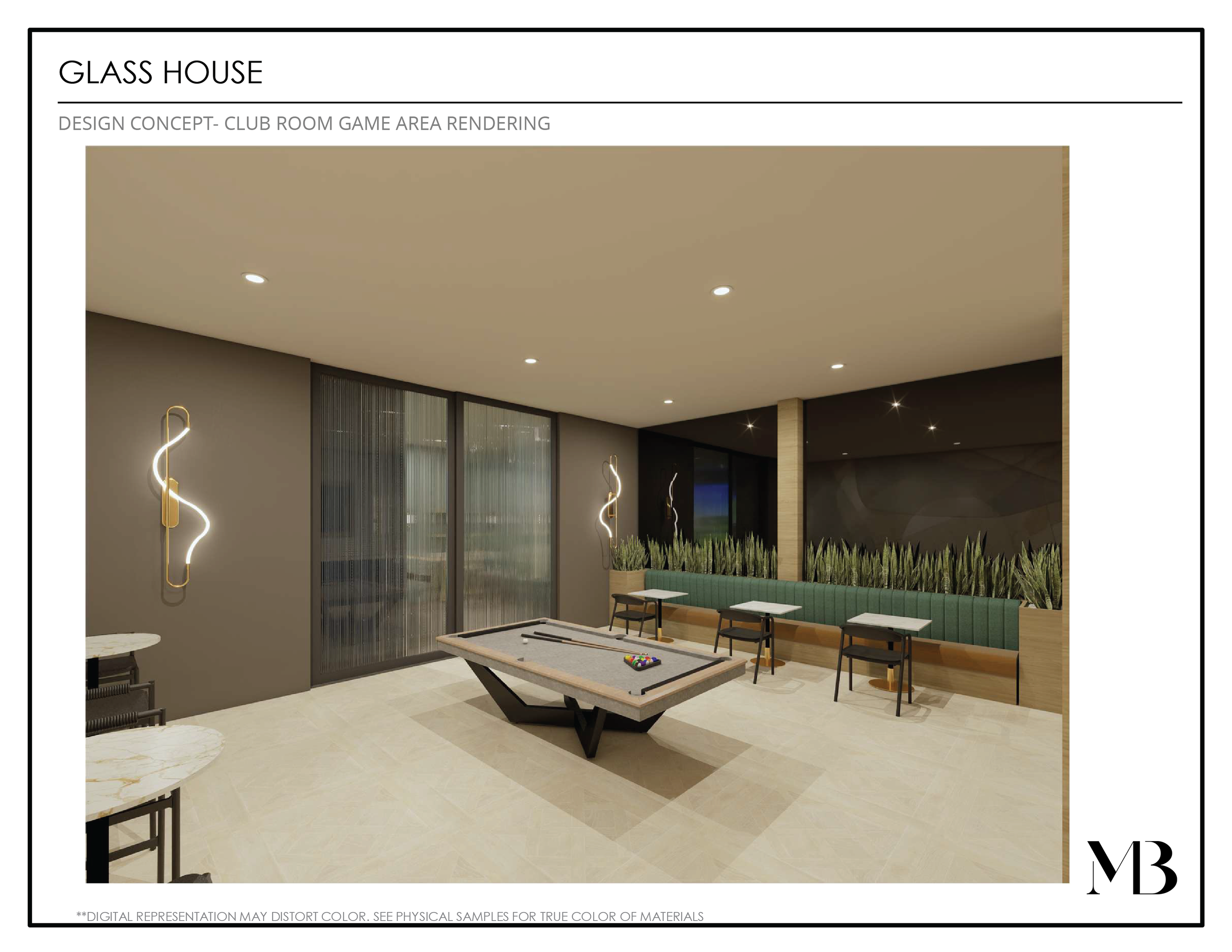 Interior of a modern club room with a pool table, small tables, chairs, and decorative wall lights.