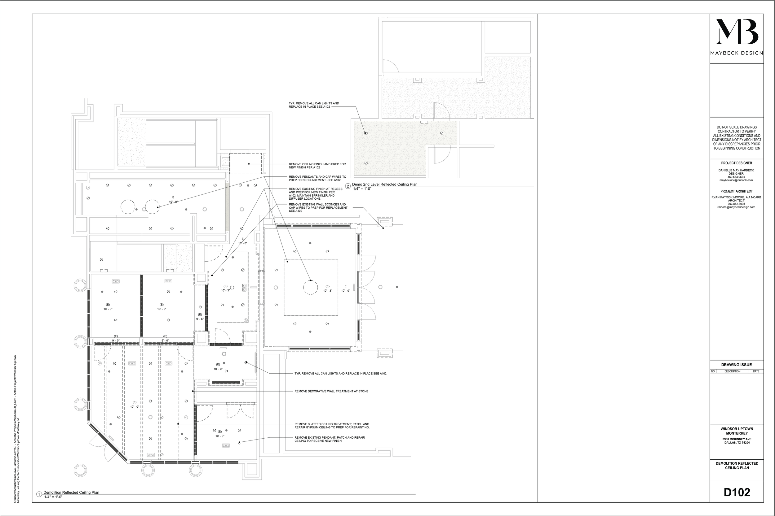 Architectural demolition plan for a reflected ceiling in a building, detailing removal of ceiling finishes, wall sconces, cap wires, ceiling tiles, and decorative wall treatments.