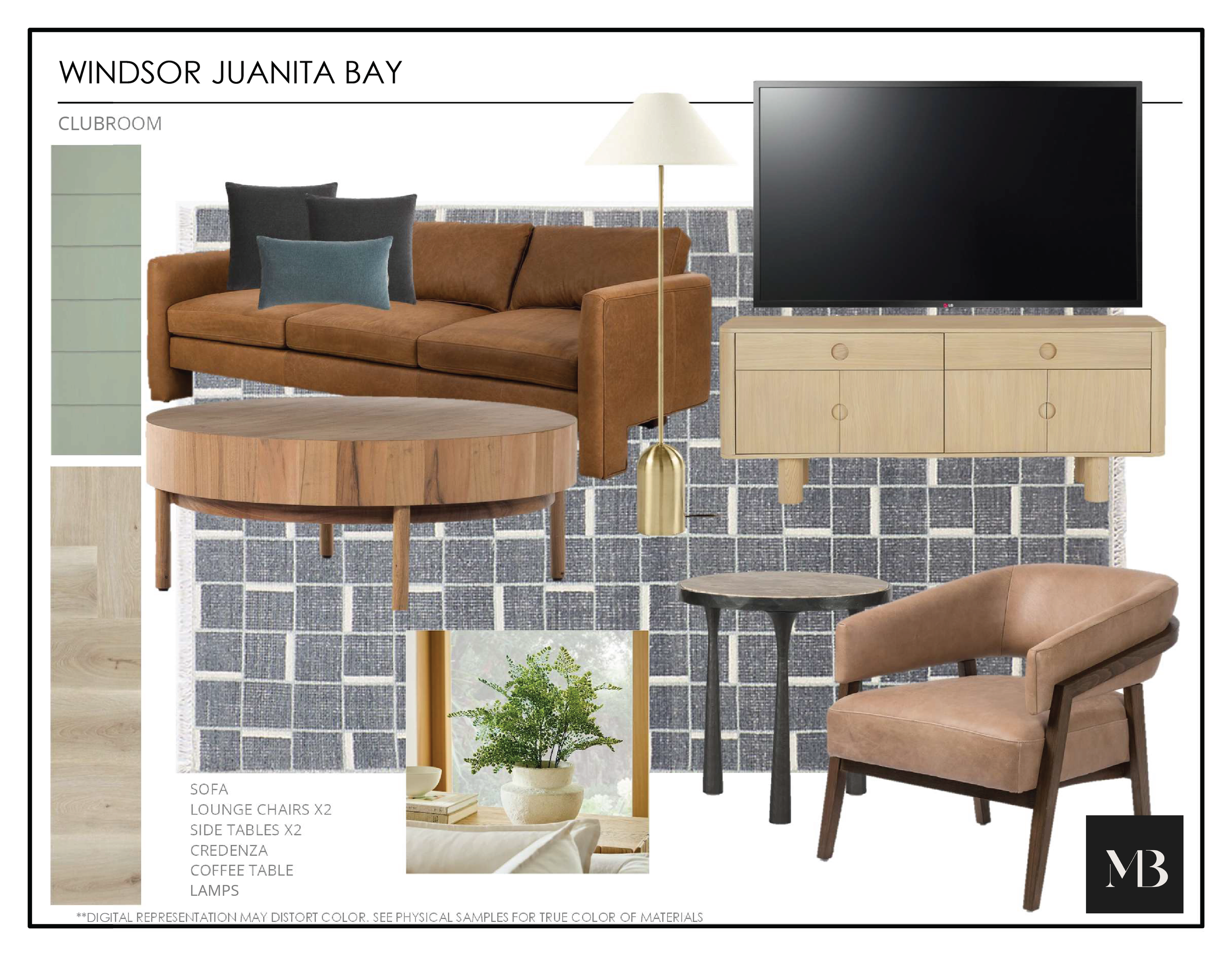 Design board for a living room with a brown sofa, black and blue pillows, round wooden coffee table, beige TV stand with a large TV, beige armchair, black side table, floor lamp, and a patterned gray area rug.