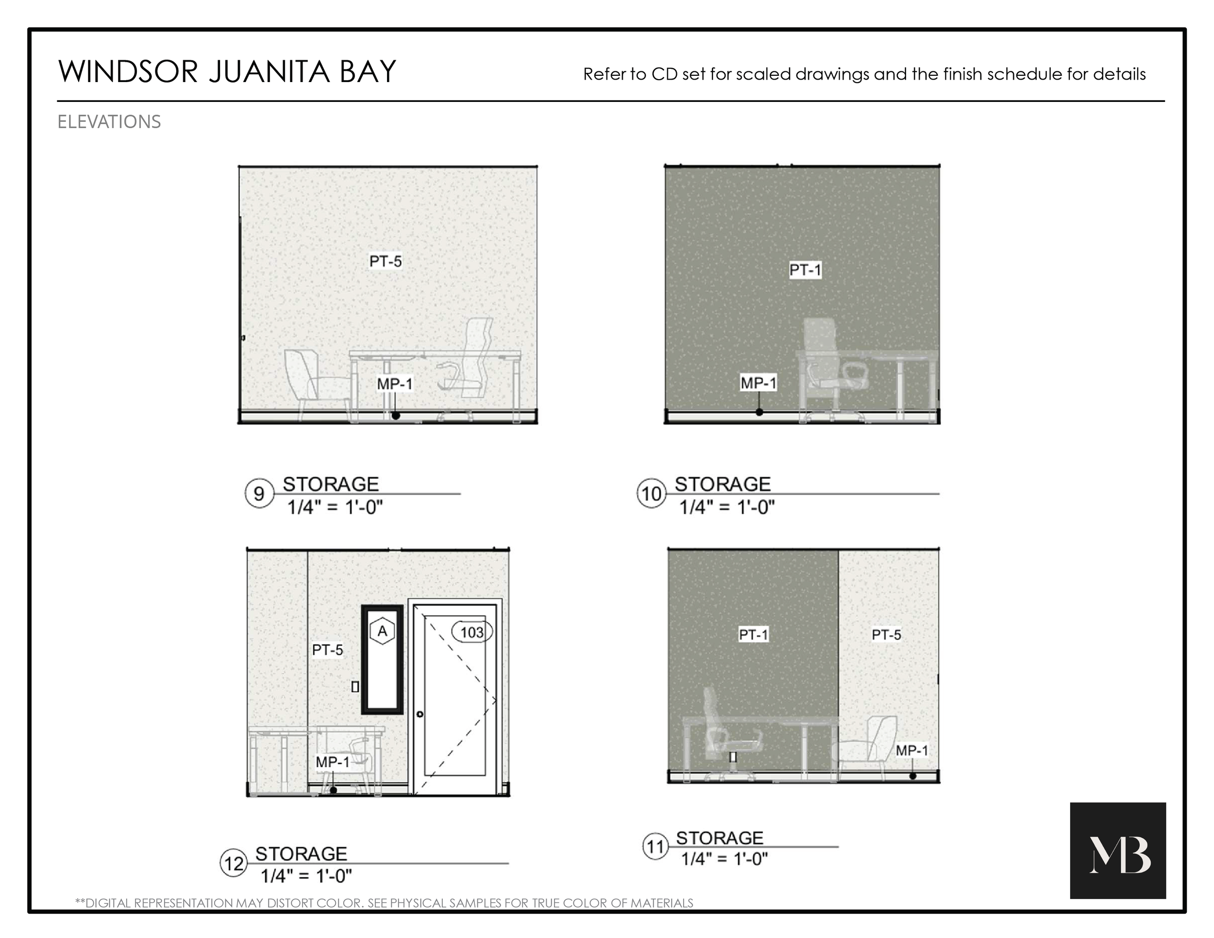 Architectural blueprint for Windsor Juanita Bay, including elevation and storage details with scaled drawings and finish schedule notes.