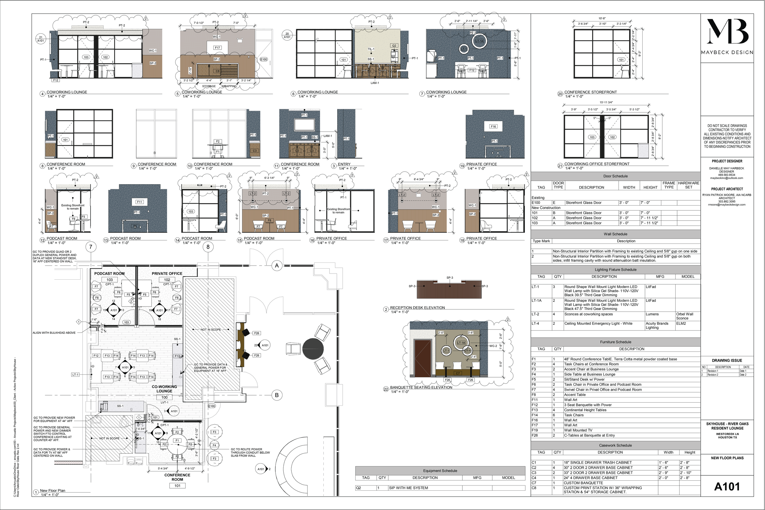 A detailed architectural floor plan featuring workspace layouts, conference rooms, podcast rooms, private offices, a coworking lounge, and office furniture arrangements. The plan includes technical specifications, wall details, lighting, and furniture schedules.