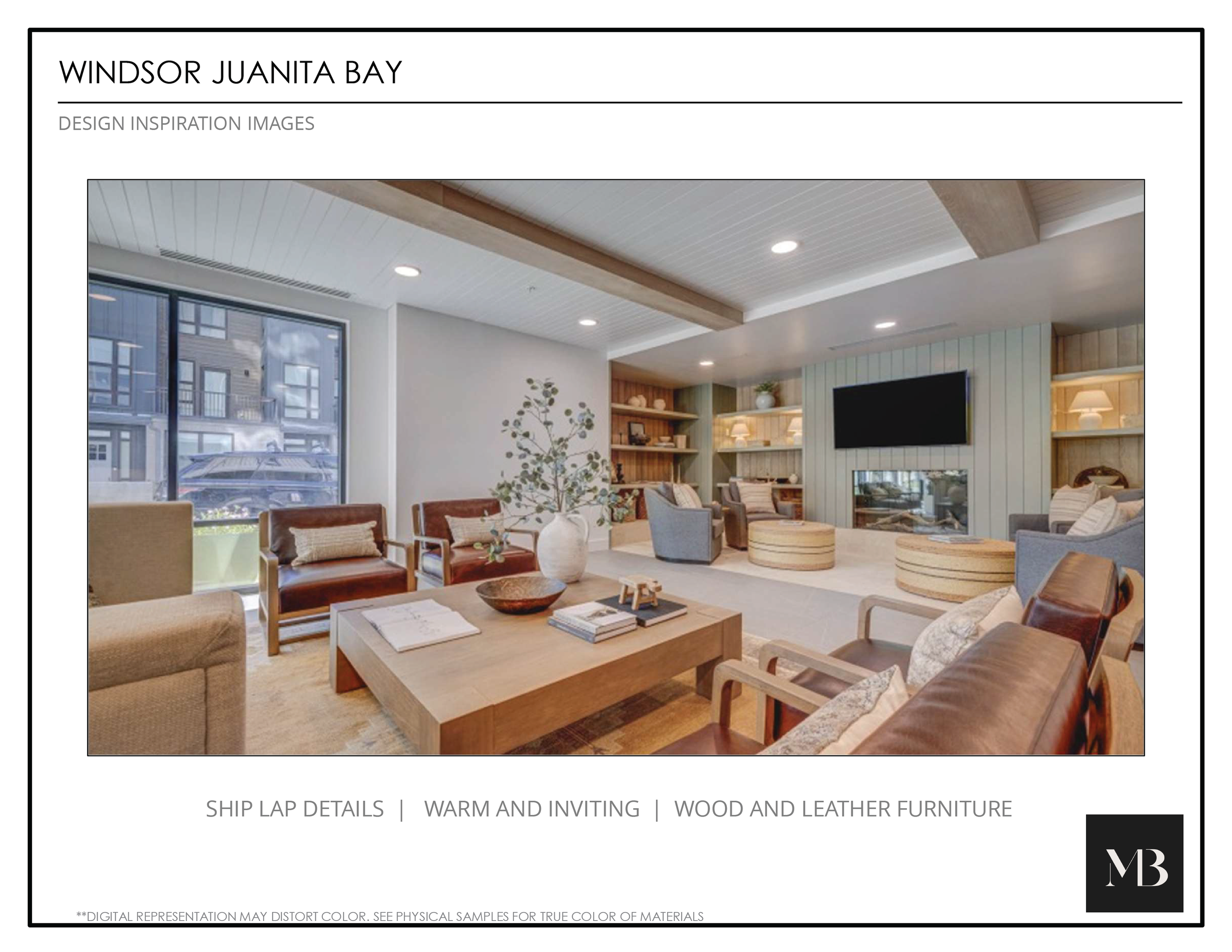 Living room with gray and brown leather and fabric armchairs, a wooden coffee table with books and a vase with green foliage, built-in wooden shelves, a large wall-mounted TV, a fireplace, and a large window showing a building exterior.
