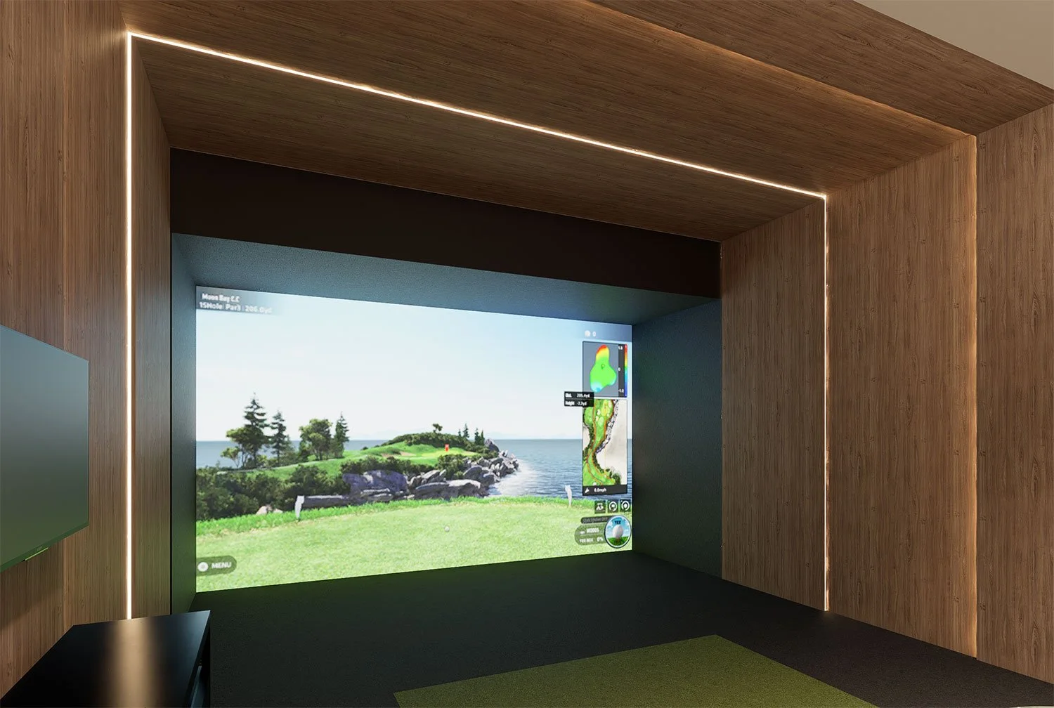 Indoor golf simulation room with a large screen displaying a golf course, wooden walls with LED lighting, and a small section of artificial turf on the floor.
