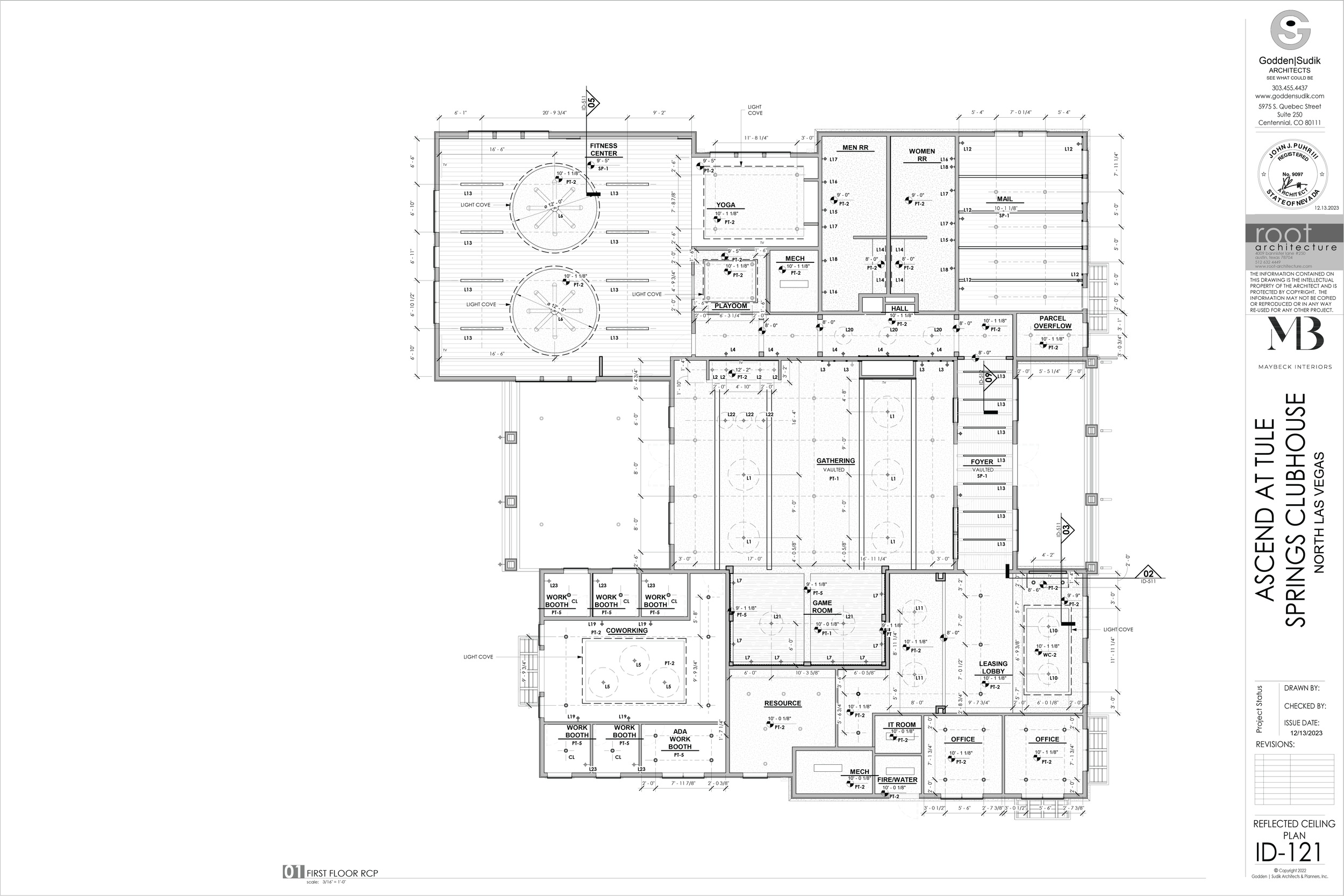 Detailed architectural floor plan of a clubhouse, including spaces like gathering area, offices, game room, workout rooms, fitness center, yoga room, men's and women's restrooms, hall, resource room, IT room, mechanical rooms, and parking overflow, with measurements and annotations.