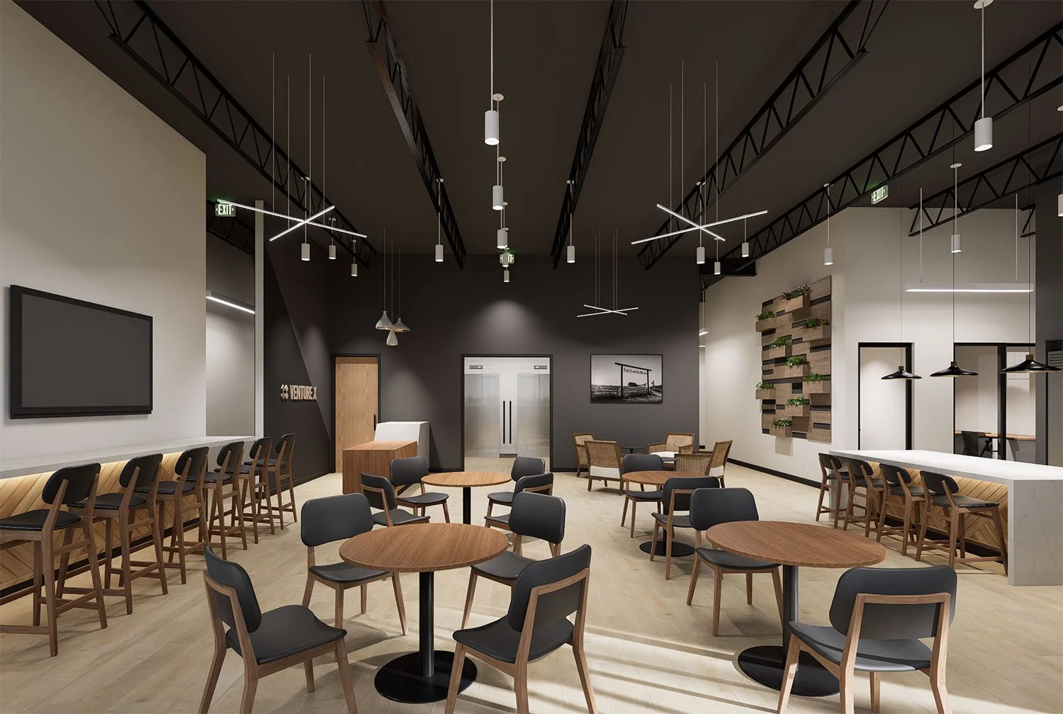 Modern indoor lounge or cafe area with wooden tables and chairs, a bar counter with pendant lights, wall-mounted TV, and decorative wood wall with plants.