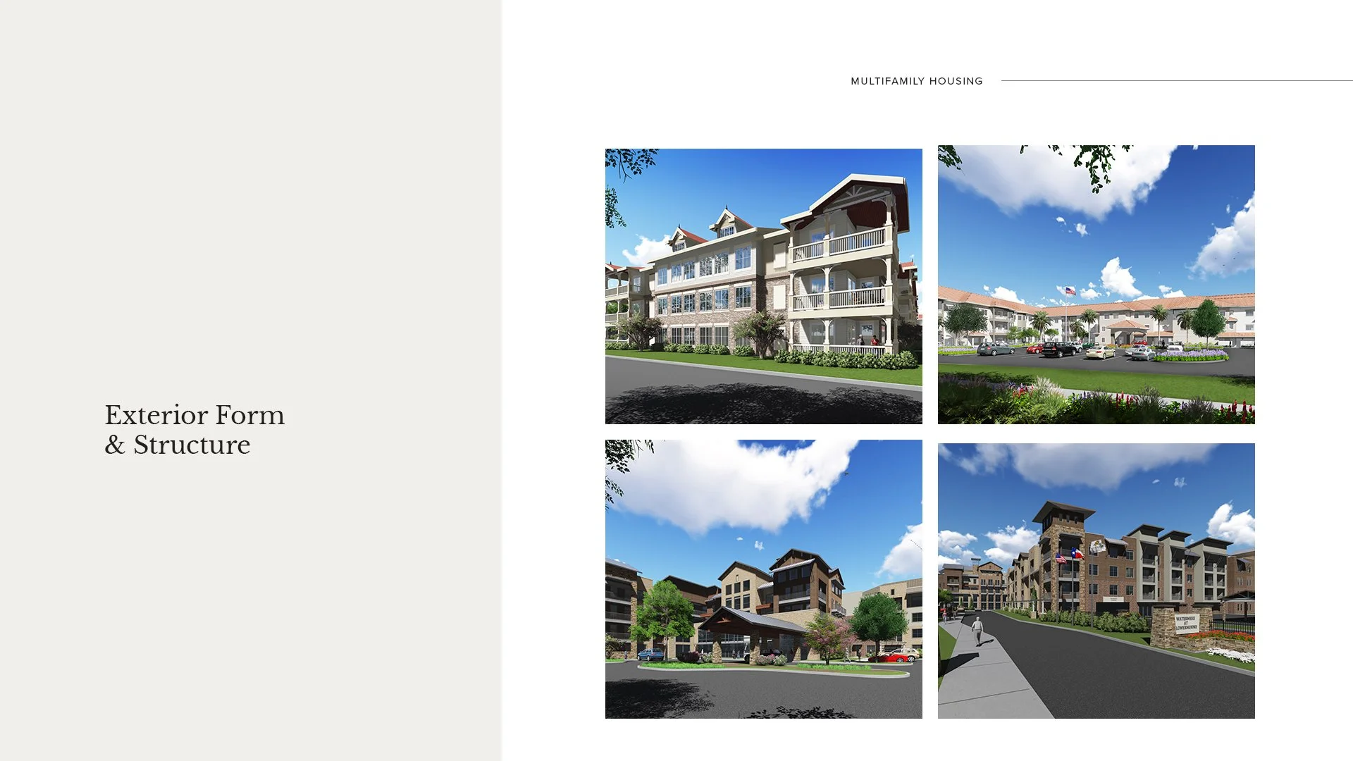 Collage of four computer-generated images of multifamily housing buildings showing exterior architecture, landscaping, and parking areas.