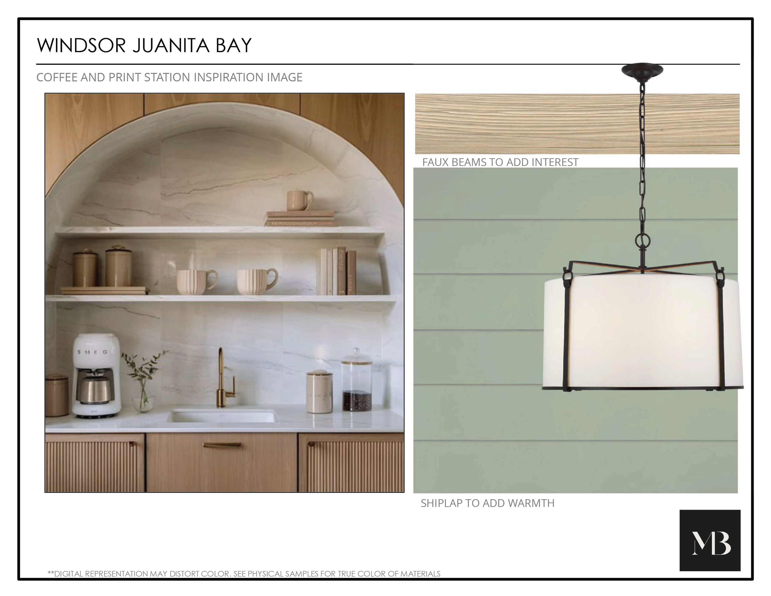 Design inspiration board for Windsor Juanita Bay with a coffee station, beige and white color palette, faux beams, a pendant light fixture, and oak shiplap wood wall.