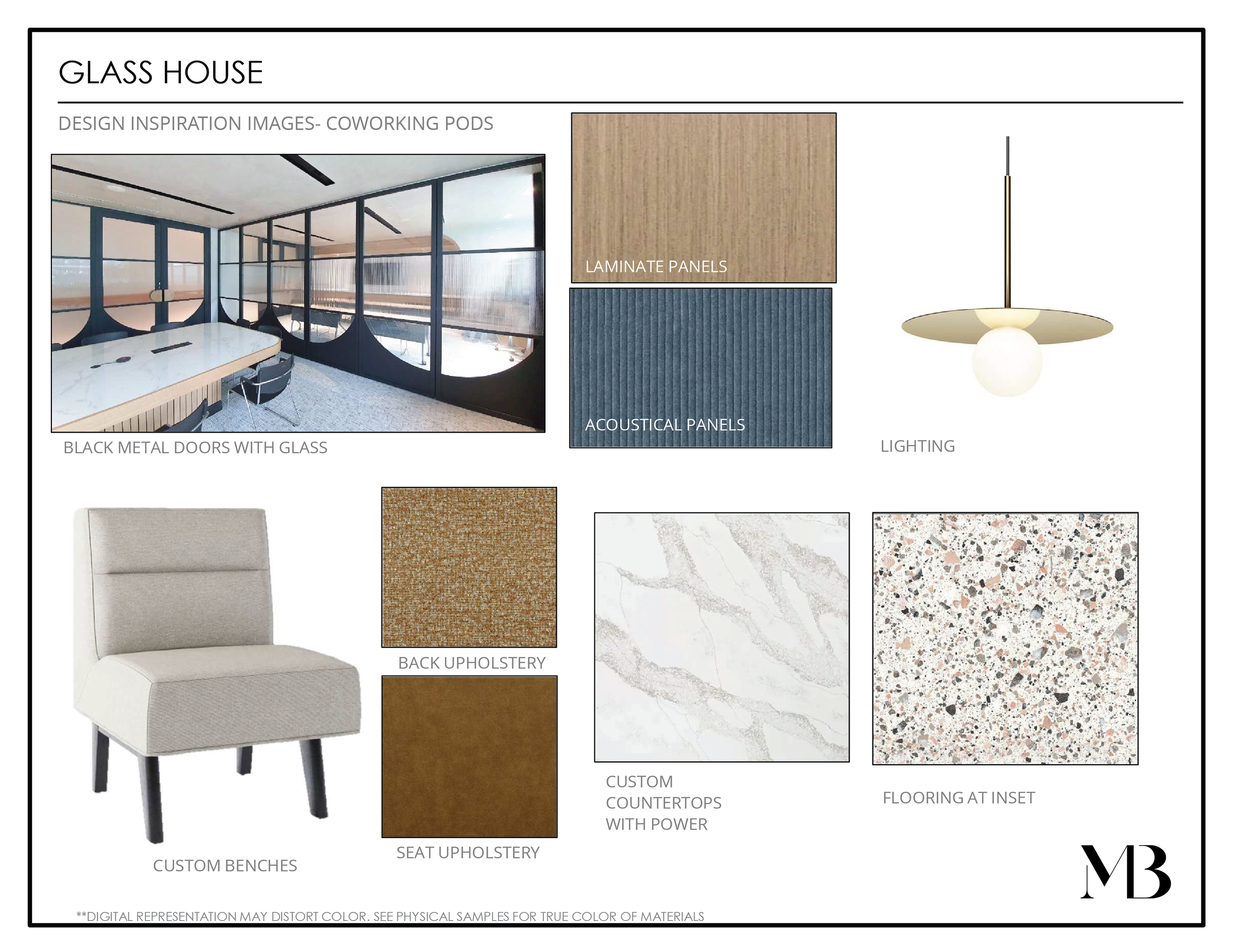 Design mood board for a glass house coworking space, featuring black metal glass doors, laminate and acoustic panels, modern lighting, custom benches and upholstery, custom countertops with power, terrazzo flooring, and a neutral color palette.