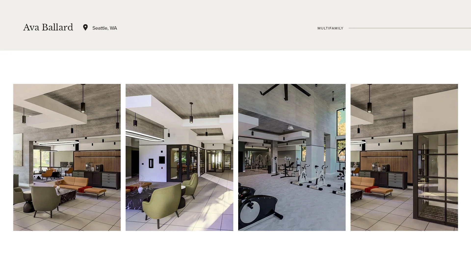 A collage of four interior images of a modern multifamily apartment community lobby and fitness center in Seattle, Washington, with contemporary furniture, athletic equipment, and minimalist design.