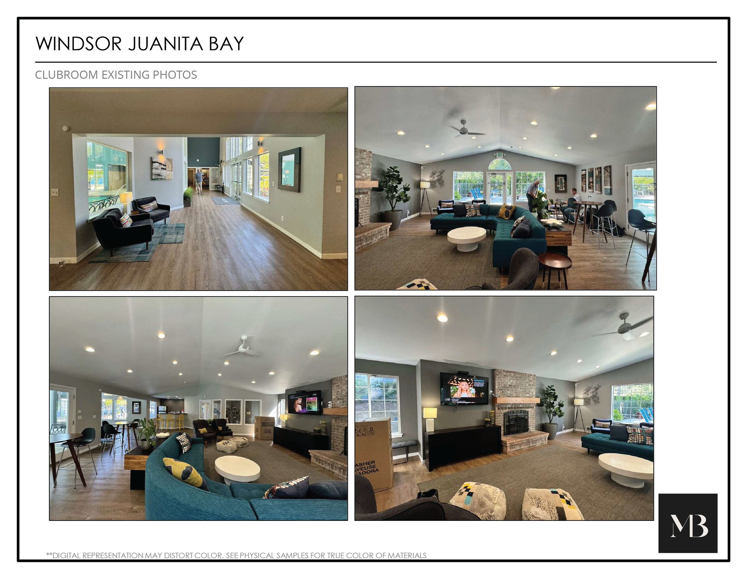 Collage of four photos showing an interior of a clubhouse with seating areas, a fireplace, a TV, and large windows at Windsor Juanita Bay.