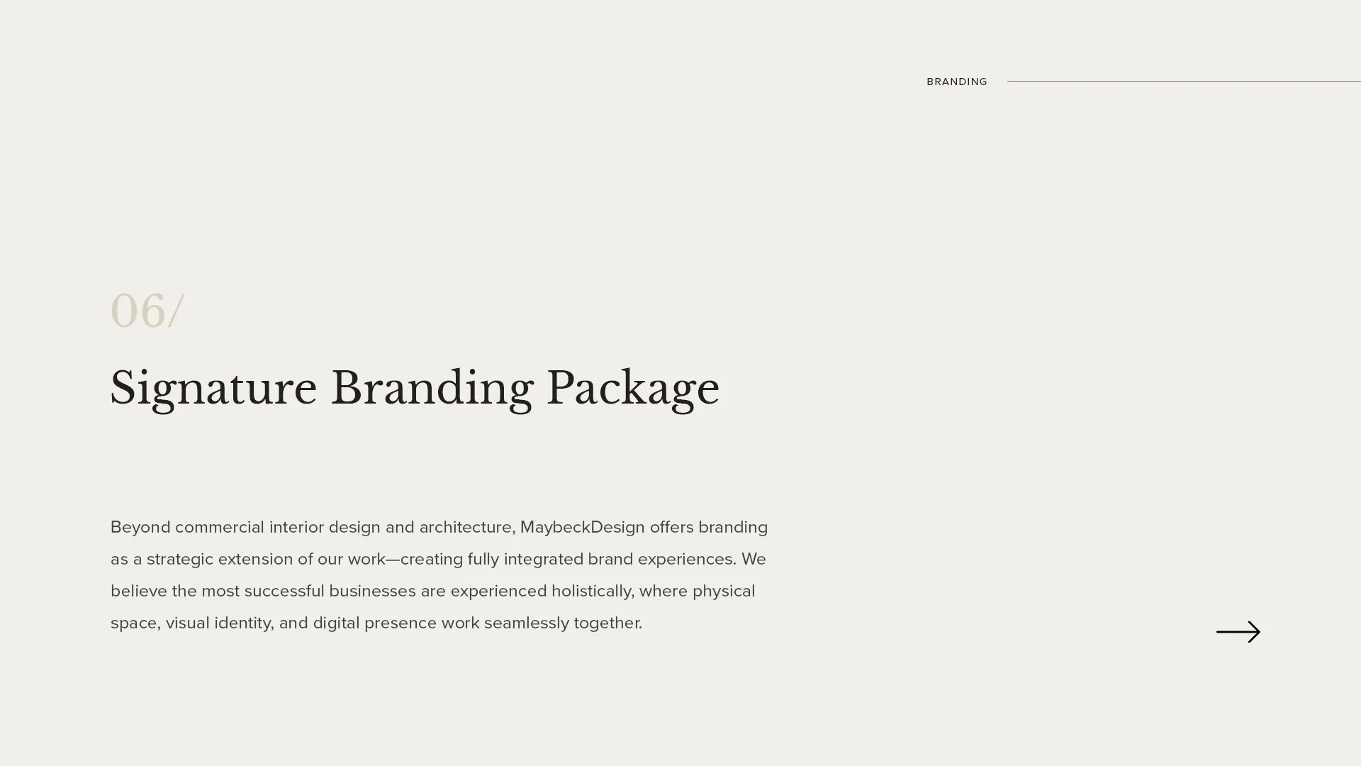 Slide from a presentation titled 'Signature Branding Package' with paragraph about branding services, a small right arrow icon at the bottom right.