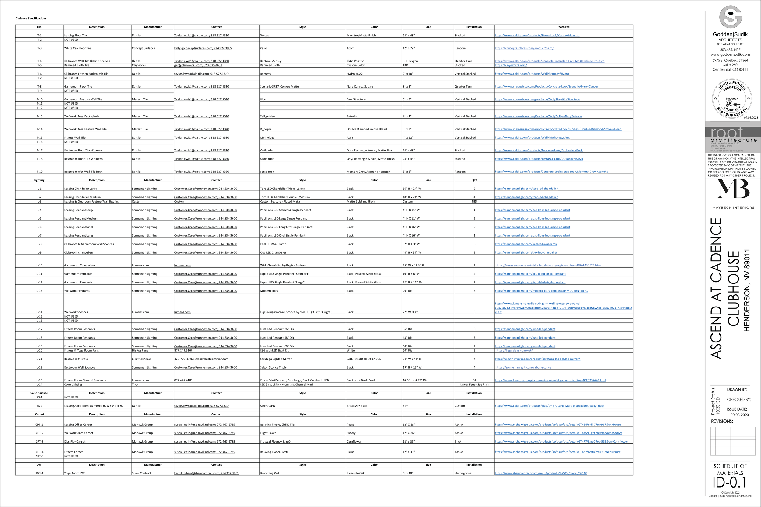 A spreadsheet of interior design and construction materials, including tiles, lighting, furniture, and flooring, with details on types, sizes, colors, manufacturers, and installation links.