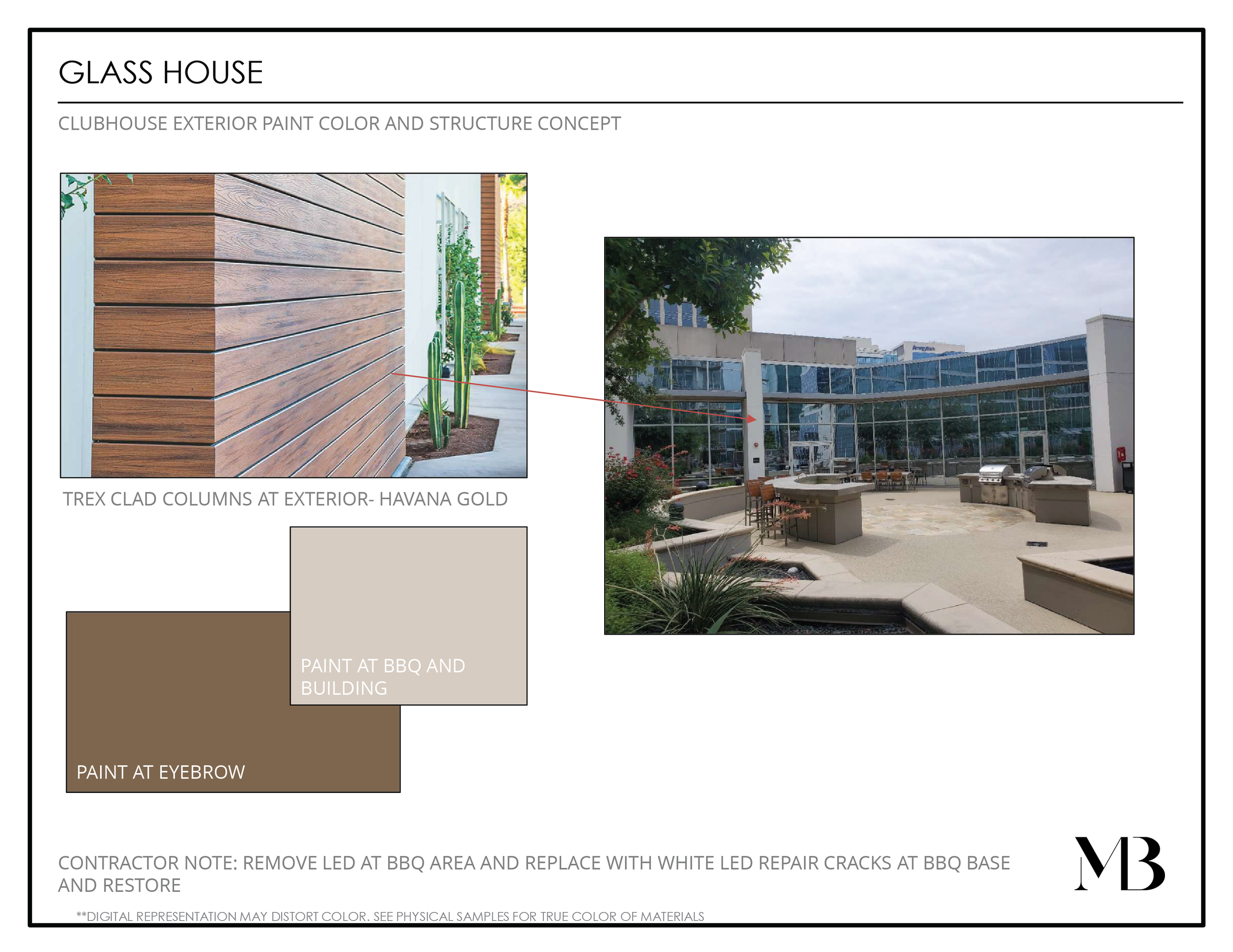 Design plan for a glass house with exterior paint colors, including Havana Gold for Trex clad columns and eyebrow, and a light beige for BBQ and building, with a photo of a modern outdoor patio with glass walls, seating, and built-in BBQ grills.
