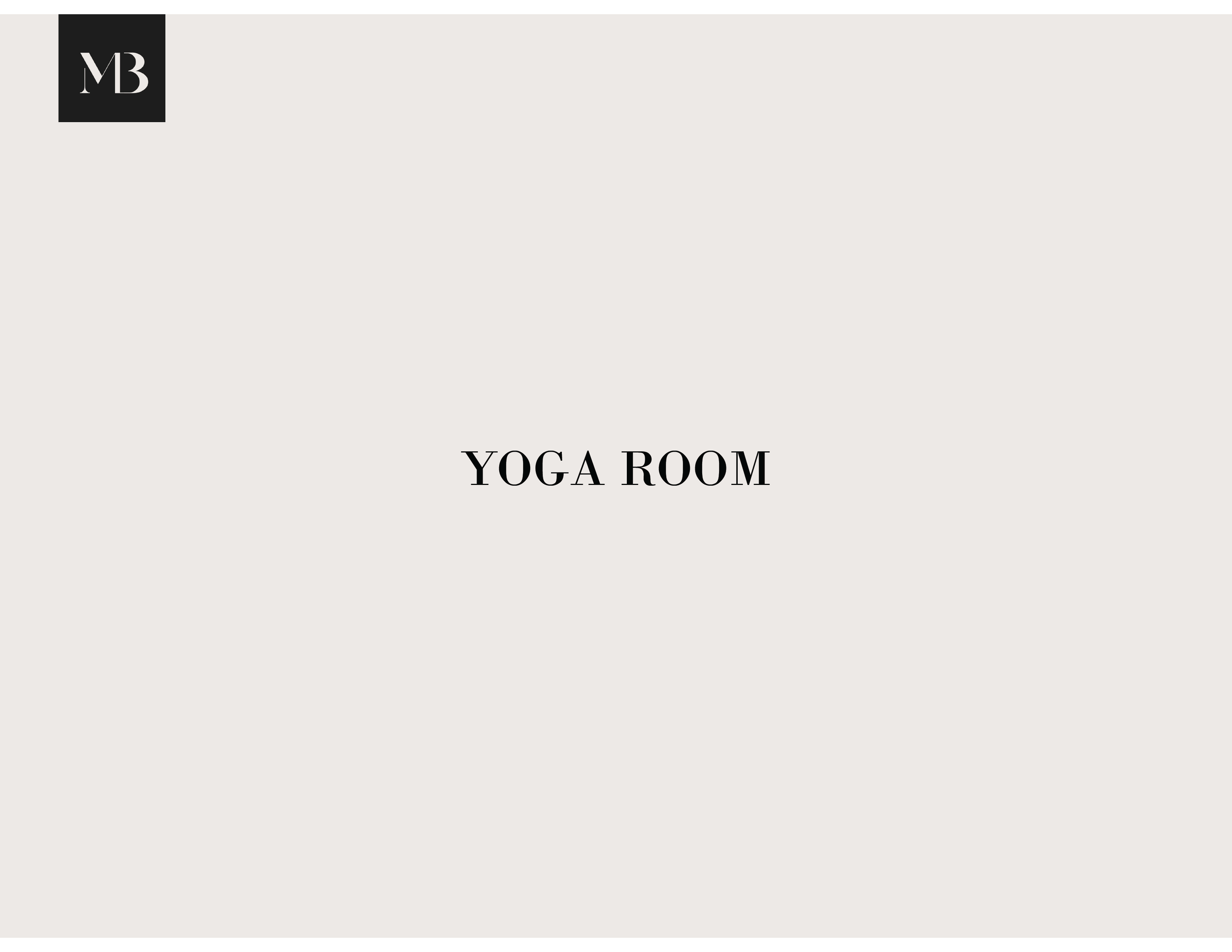 A minimalist design with a black square logo featuring white letters 'MB' in the top left corner and the words 'YOGA ROOM' centered in black on a light gray background.