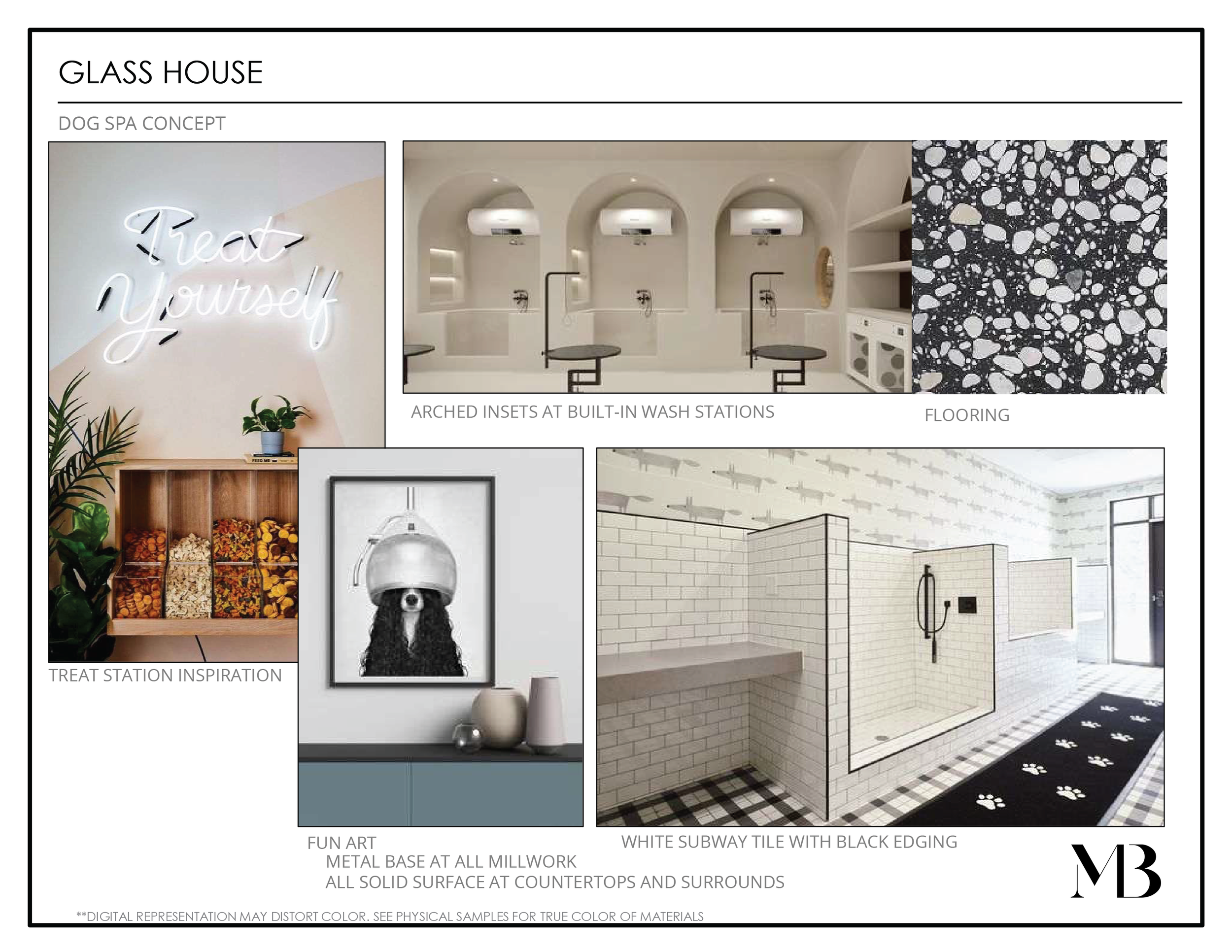 Design concept for a dog spa called Glass House, featuring arched insets at built-in wash stations, terrazzo flooring, a treat station with snack jars and a sign saying 'Treat Yourself,' fun art with a dog under a hairdryer, and a white subway tile shower with black edging and paw-print rug.
