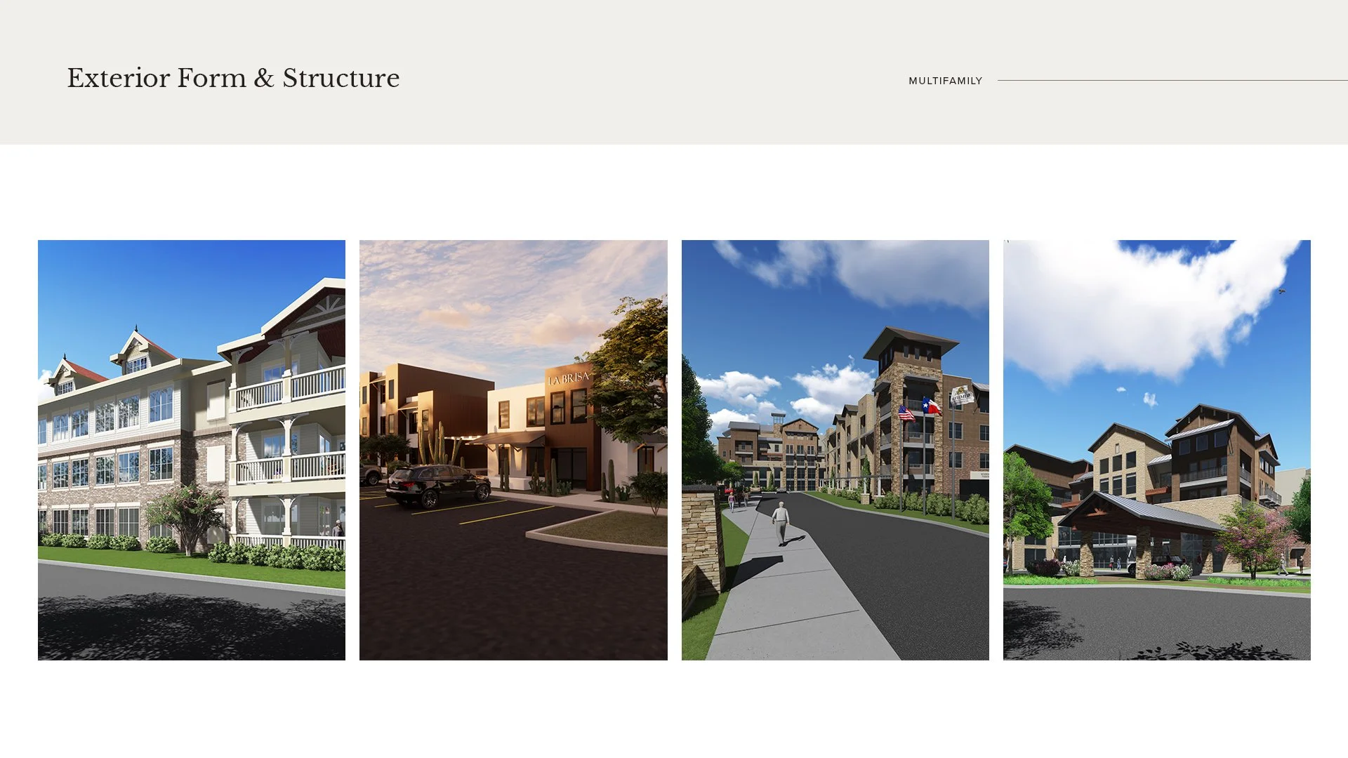 A collage of four images showcasing different exterior designs of multifamily residential buildings and complexes, with green landscaping and clear skies.