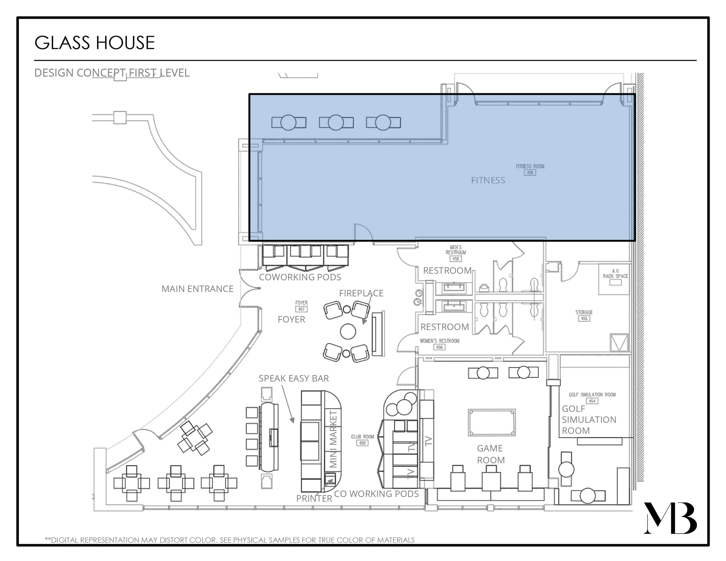 Architectural floor plan of a glass house first level, highlighting a fitness room in blue, with various labeled rooms including main entrance, coworking pods, fireplace, restrooms, game room, golf simulation room, and other amenities.