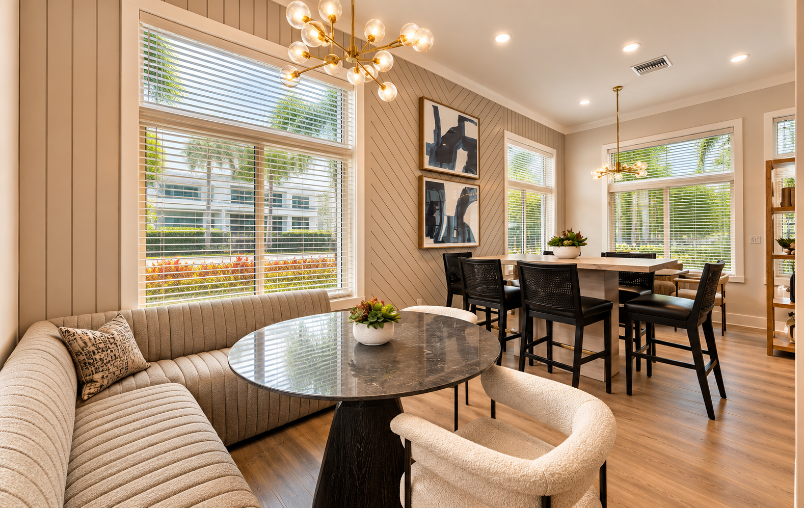 Contemporary Dining Lounge with Globe Chandeliers.png