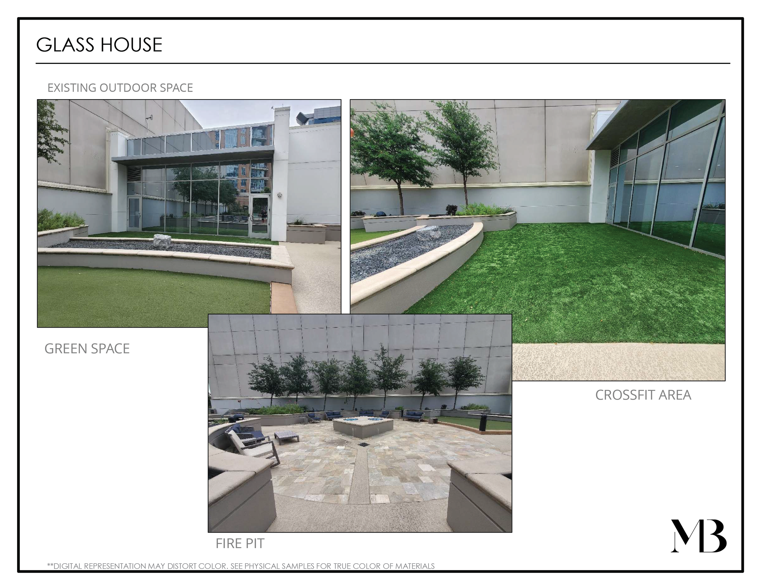 Design plan for a glass house with existing outdoor space, green space, and a crossfit area, showing different view layouts with trees, grass, and seating areas.