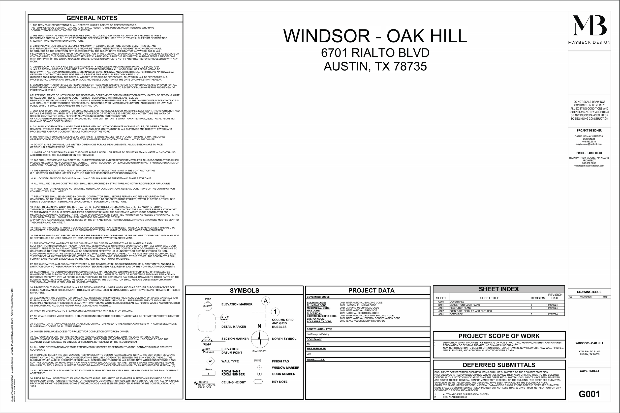 Construction blueprint titled 'Windsor - Oak Hill' with project details, symbols, project data, scope of work, and drawings index for a building project at 6701 Rialto Blvd, Austin, TX.