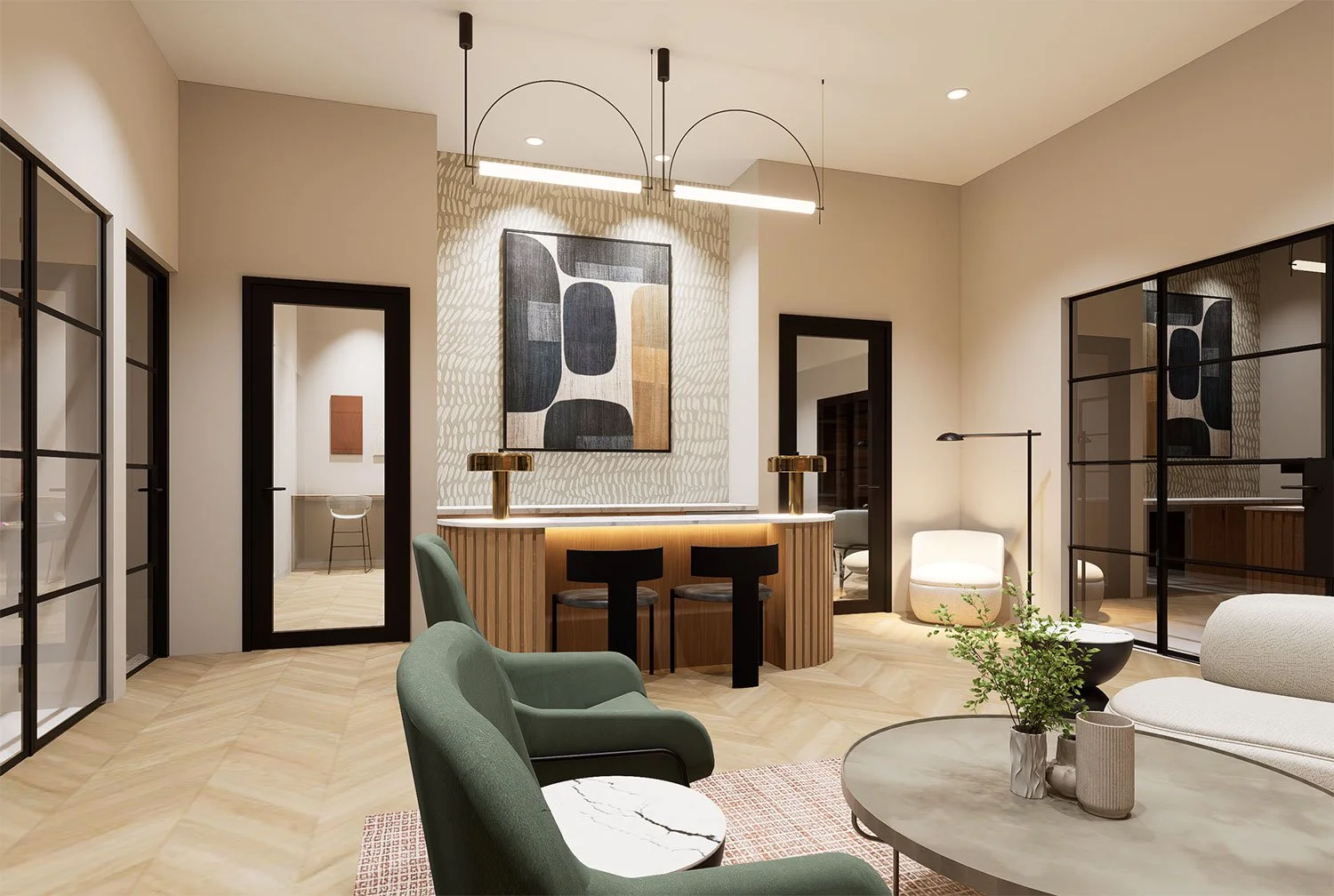 Modern hotel lobby with green and white seating, abstract art, and a bar area with black chairs and a wooden counter.
