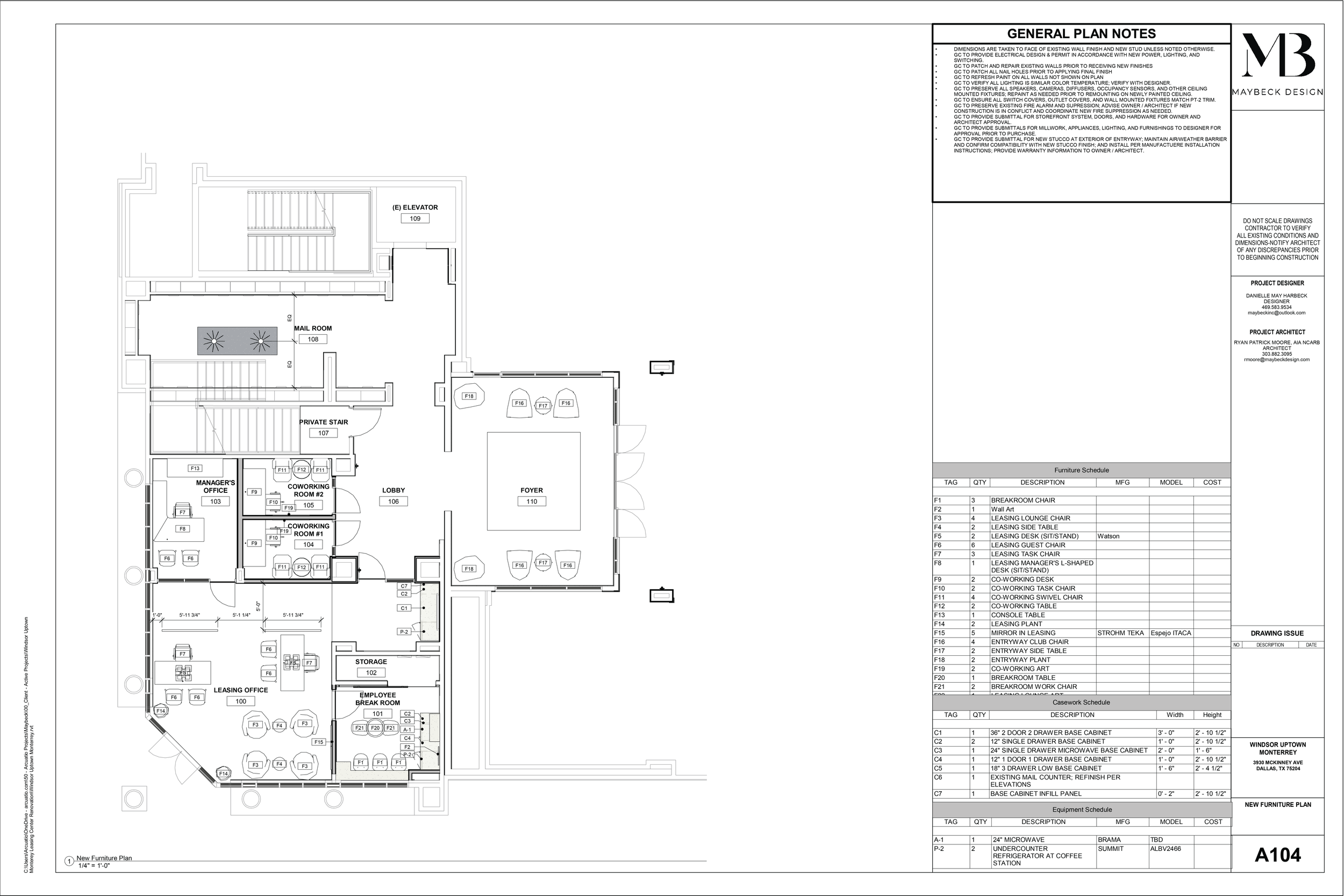 Architectural floor plan titled 'General Plan Notes' and 'New Furniture Plan A104' showing rooms such as foyer, lobby, storage, employee break room, coworking rooms, managers office, leasing office, mail room, elevator, and staircase with furniture and fixtures layout.