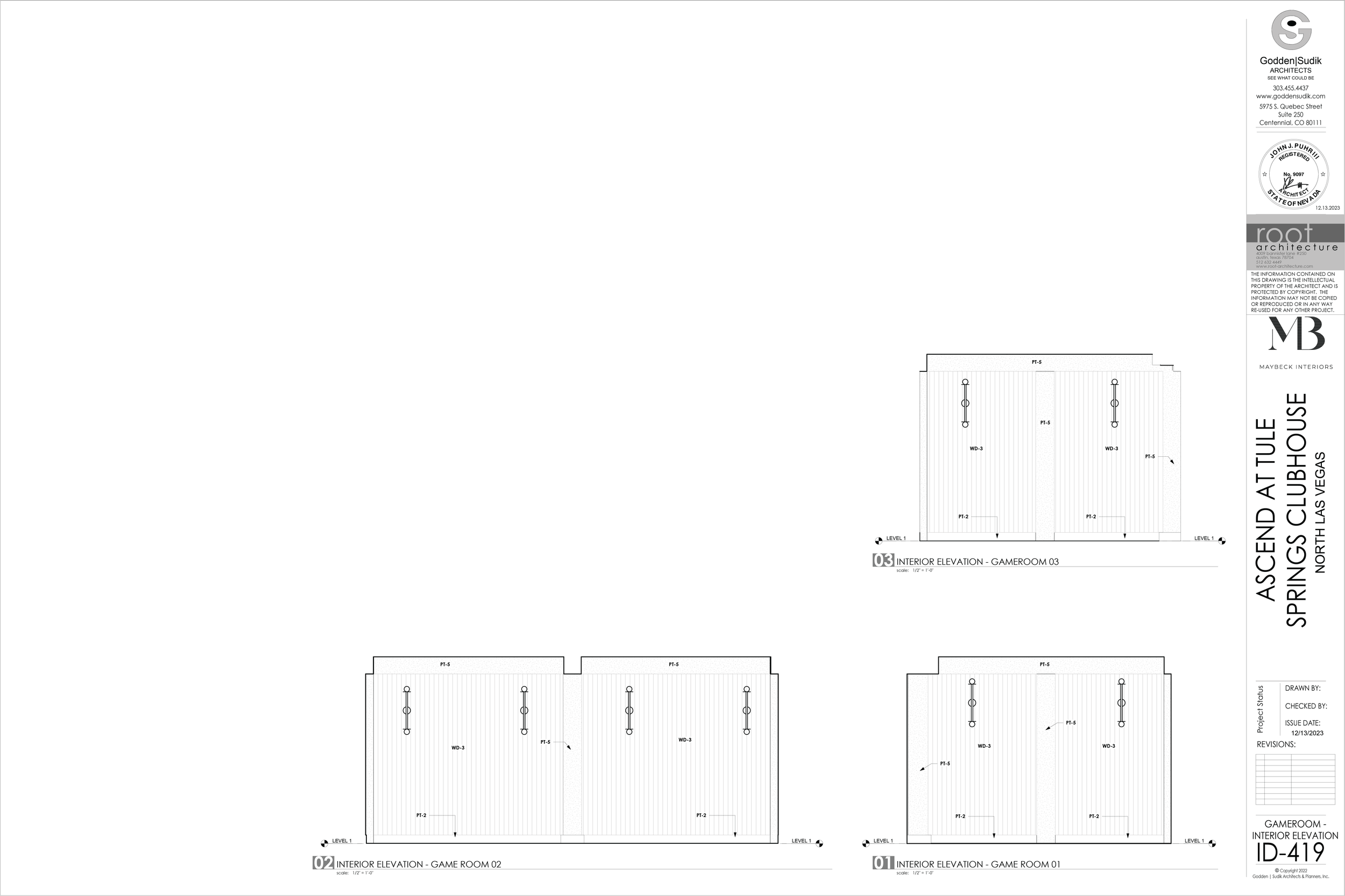 Architectural design plans for an indoor space, titled 'Ascend Attule Springs Clubhouse' in North Las Vegas, showing interior elevations of game rooms and a main elevation, with detailed measurements and labels.