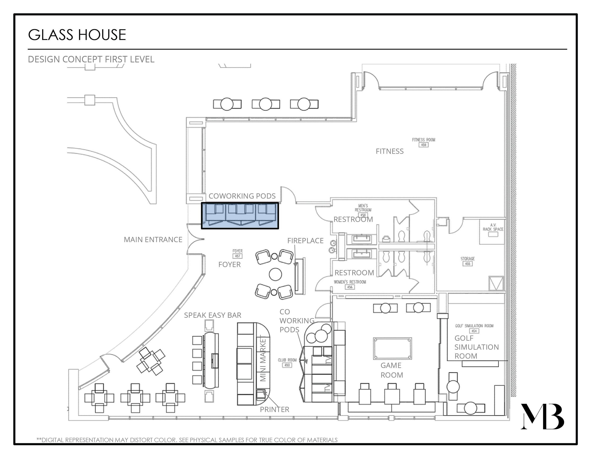 Floor plan of a glass house showing various rooms and areas, including main entrance, foyer, fire place, co working pods, speak easy bar, multi marketplace, printer, game room, golf simulation room, storage, restrooms, men's restroom, women's restroom, fitness room, and a balcony