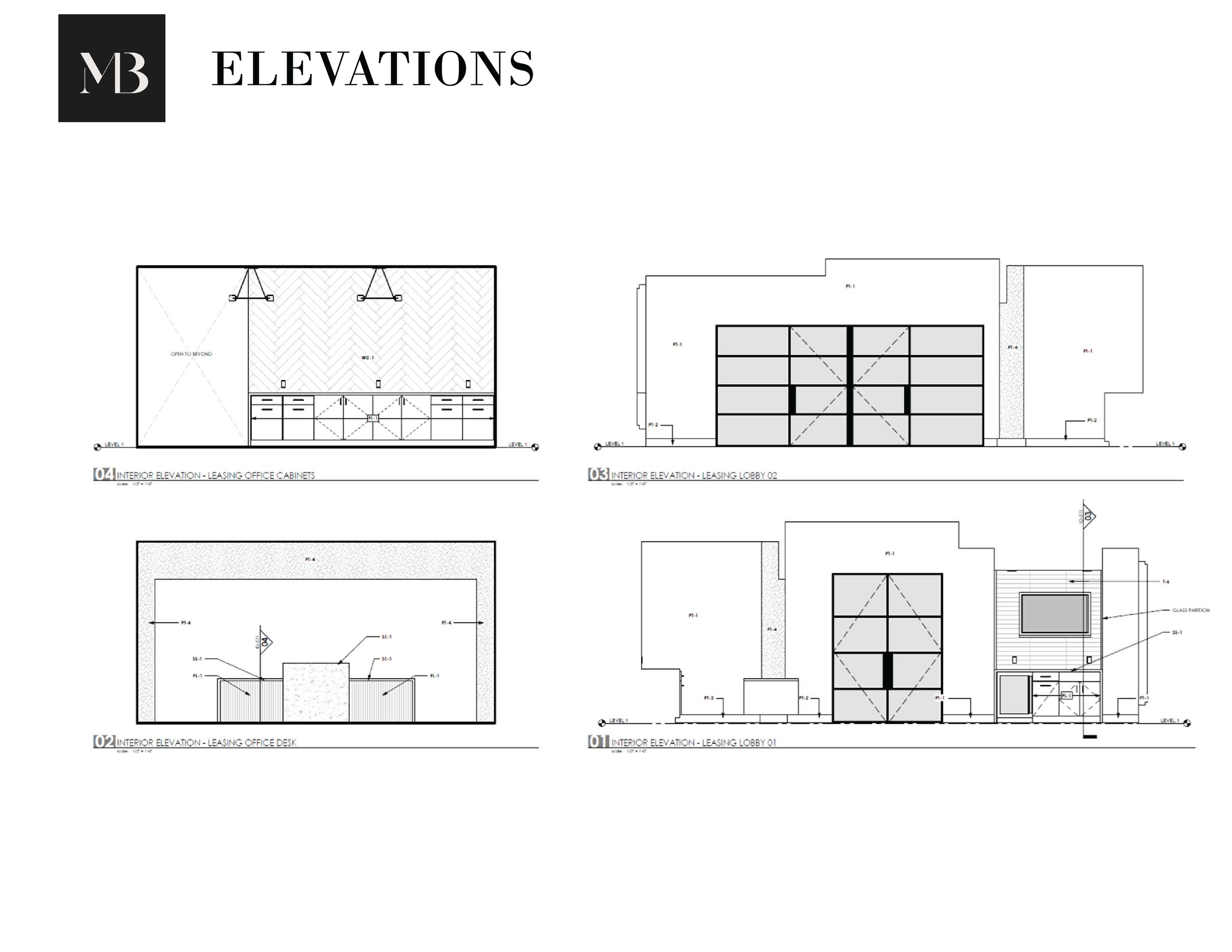 Architectural blueprint of interior elevations including leasing office cabinets, leasing lobby, leasing office desk, and leasing lobby with storage and equipment.