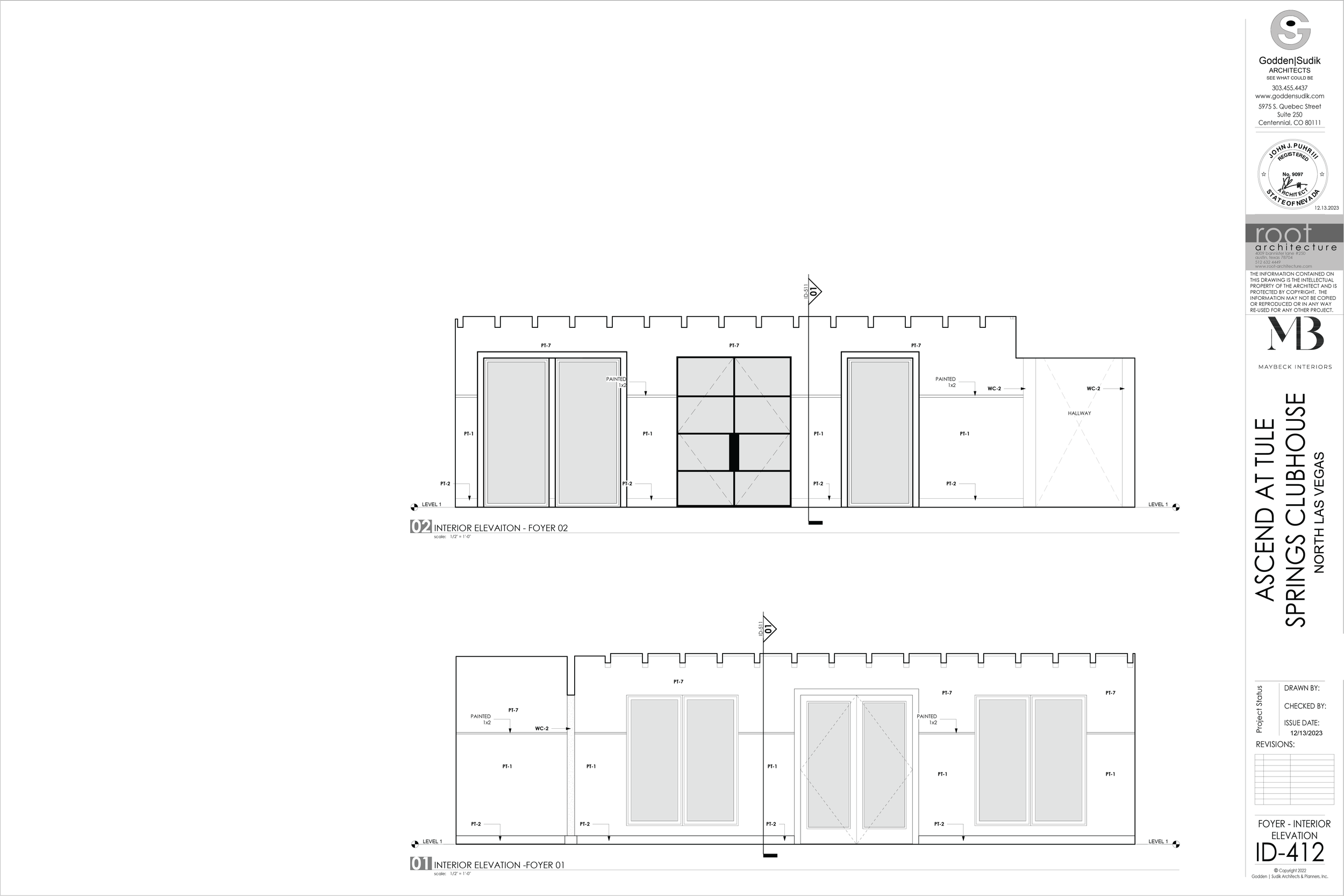 Architectural blueprint of a foyer interior elevation with doors, windows, and labeled measurements for a North Las Vegas clubhouse.