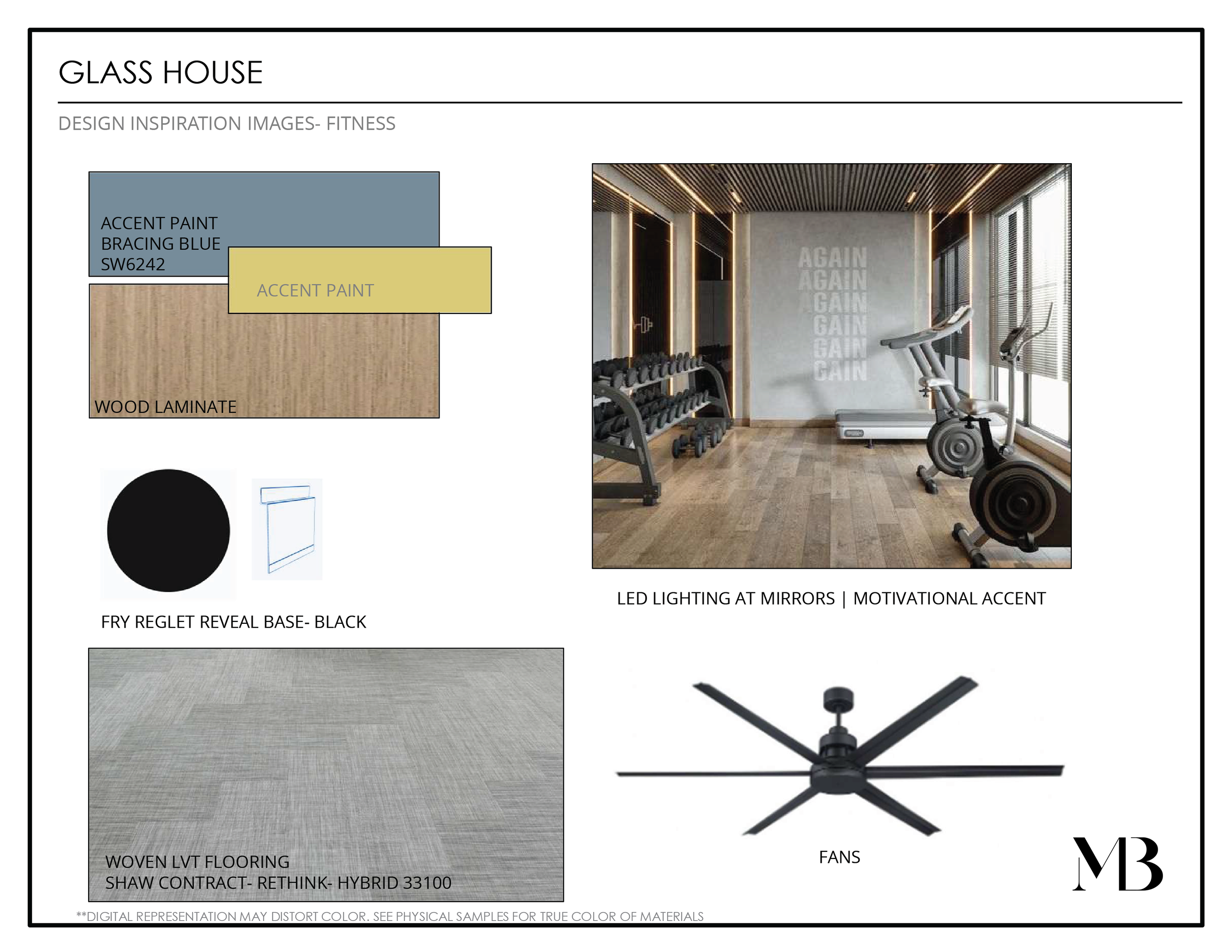 Design inspiration for a fitness room with wood laminate flooring, motivational LED lighting at mirrors, black ceiling fan, and neutral accent paint in Bracing Blue SW6242. Contains color samples of accent paint and flooring, and a photo of gym equipment with a wall reading "GAIN".