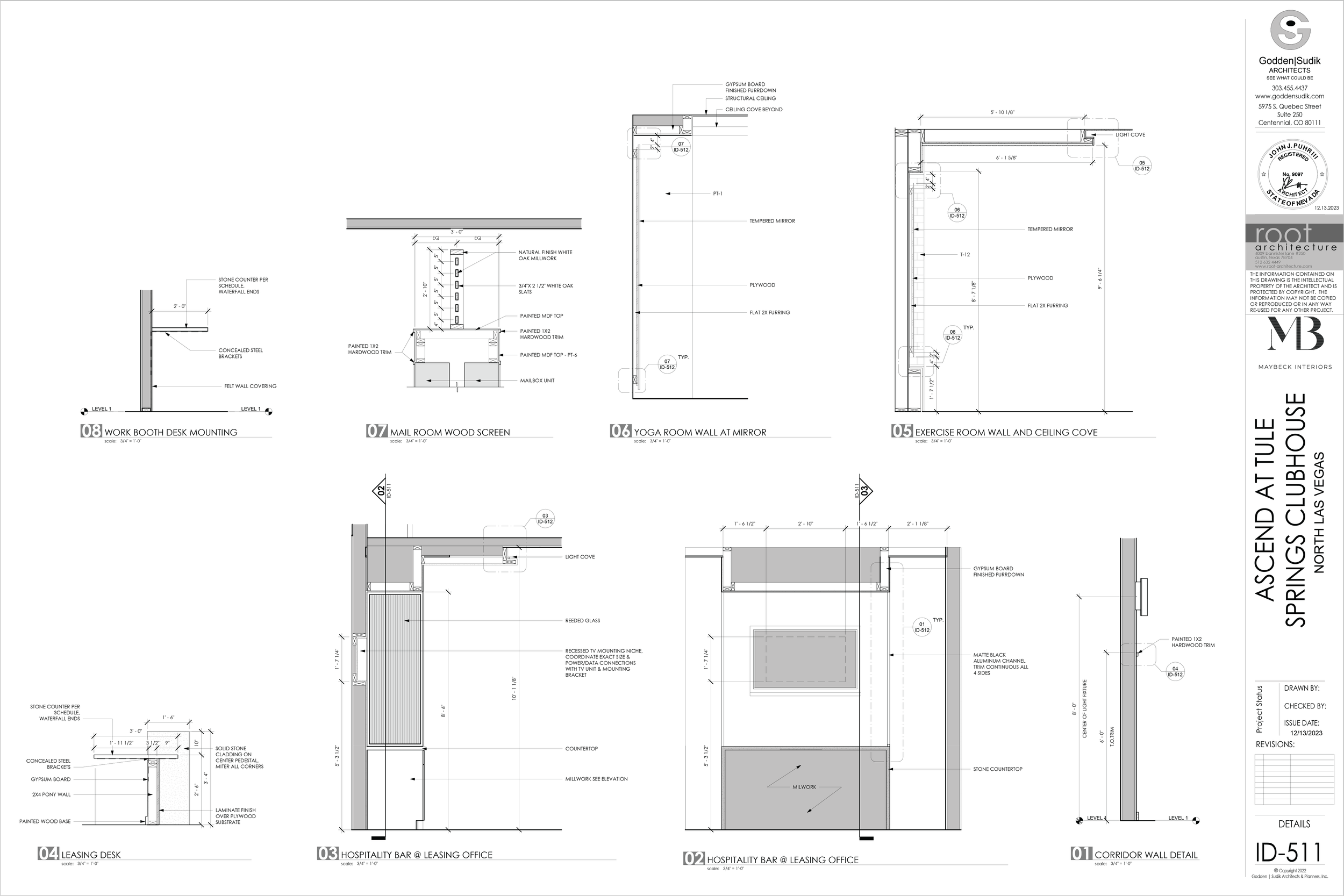 Architectural blueprint drawing of interior spaces, including work booth desk mounting, mail room wood screen, yoga room wall at mirror, exercise room wall and ceiling cove, leasing desk, hospitality bar at leasing office, and corridor wall detail.