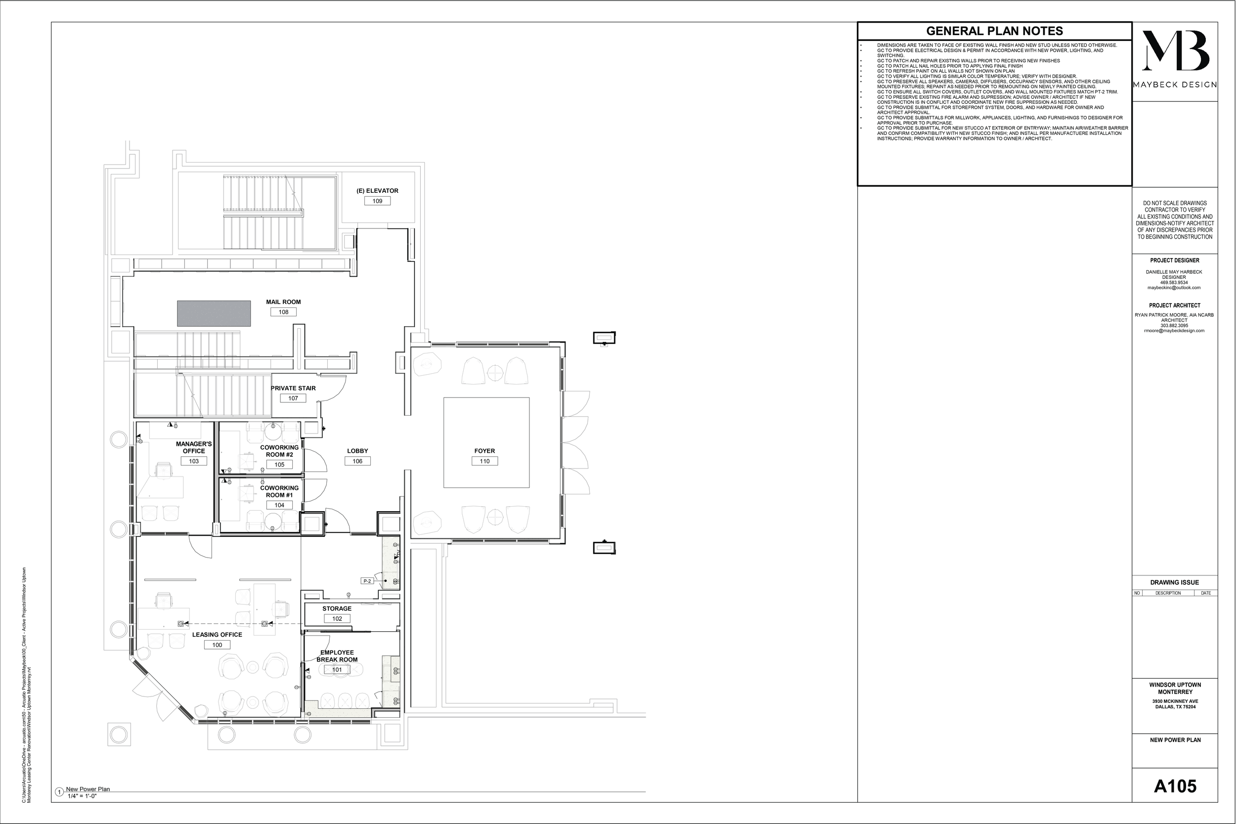 Architectural floor plan of an office building, including rooms such as leasing office, employee break room, storage, coworking spaces, manager's office, mailroom, private stair, elevator, lobby, and foyer.
