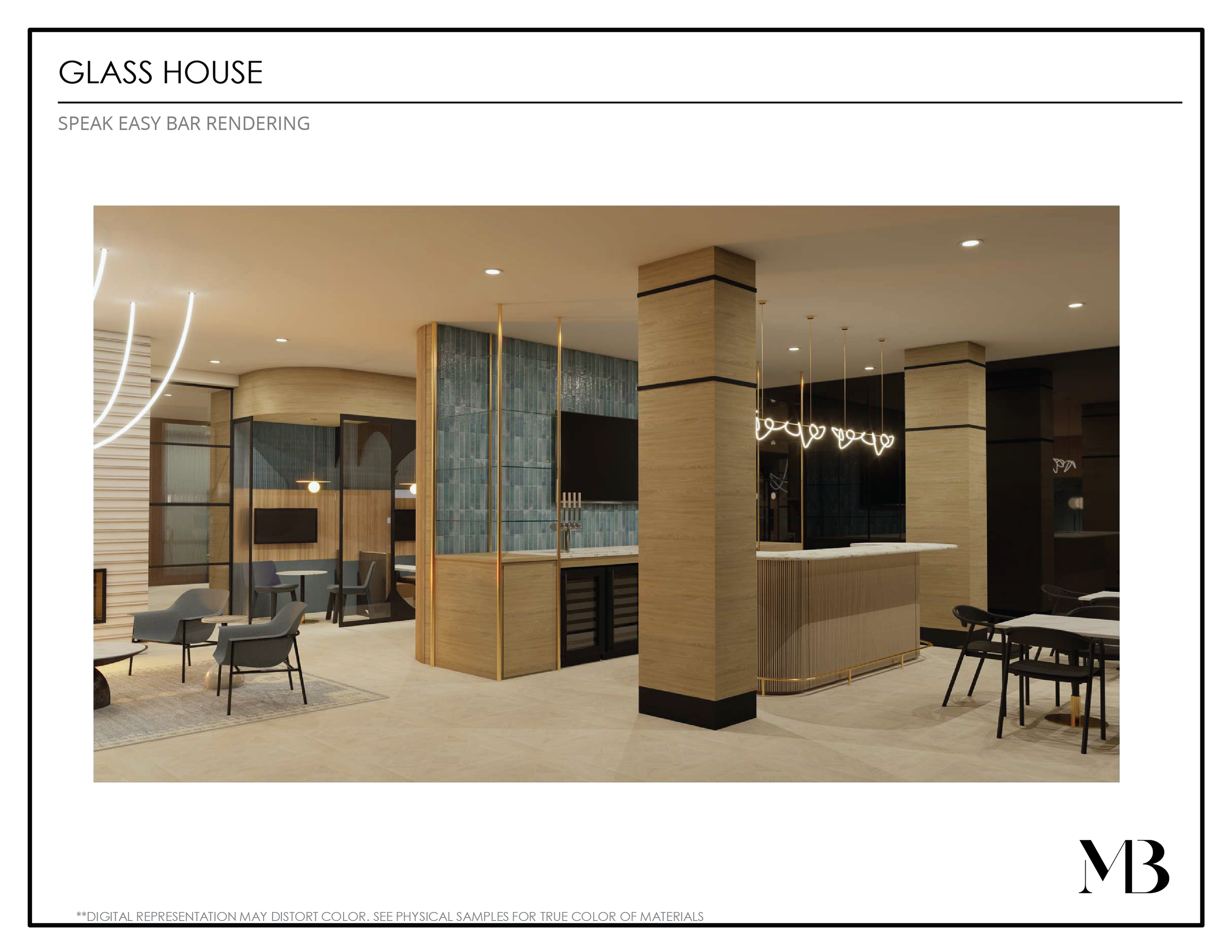 Modern interior lobby with seating area, bar, and decorative lighting, featuring beige walls, black and wooden accents, and green tiled bar area.